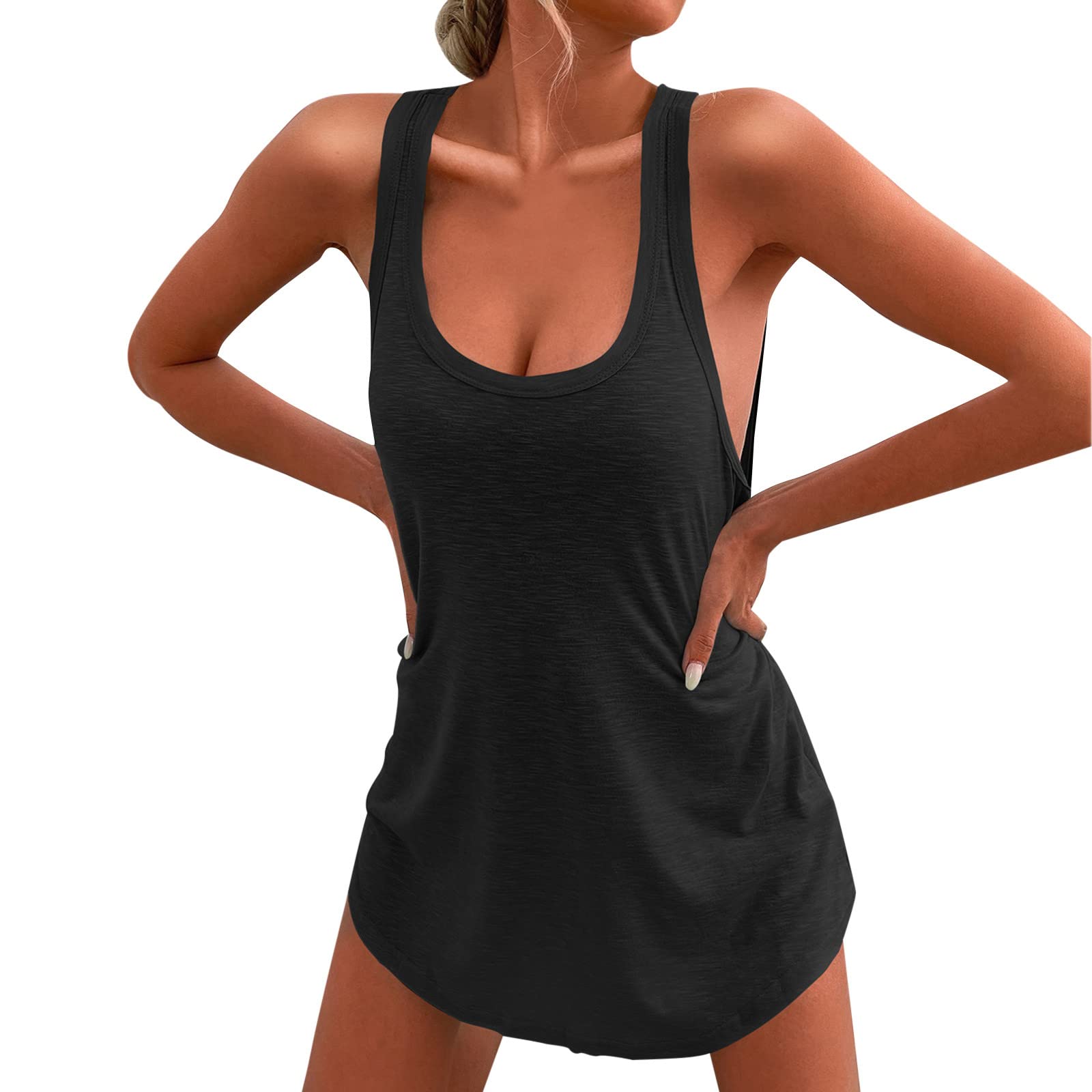 **Plus Size Women's Summer Tank Dress - Solid Color U-Neck Mini Dress, Cotton Sleeveless Irregular Hem Casual Dress for Beach, Vacation & Everyday Wear**