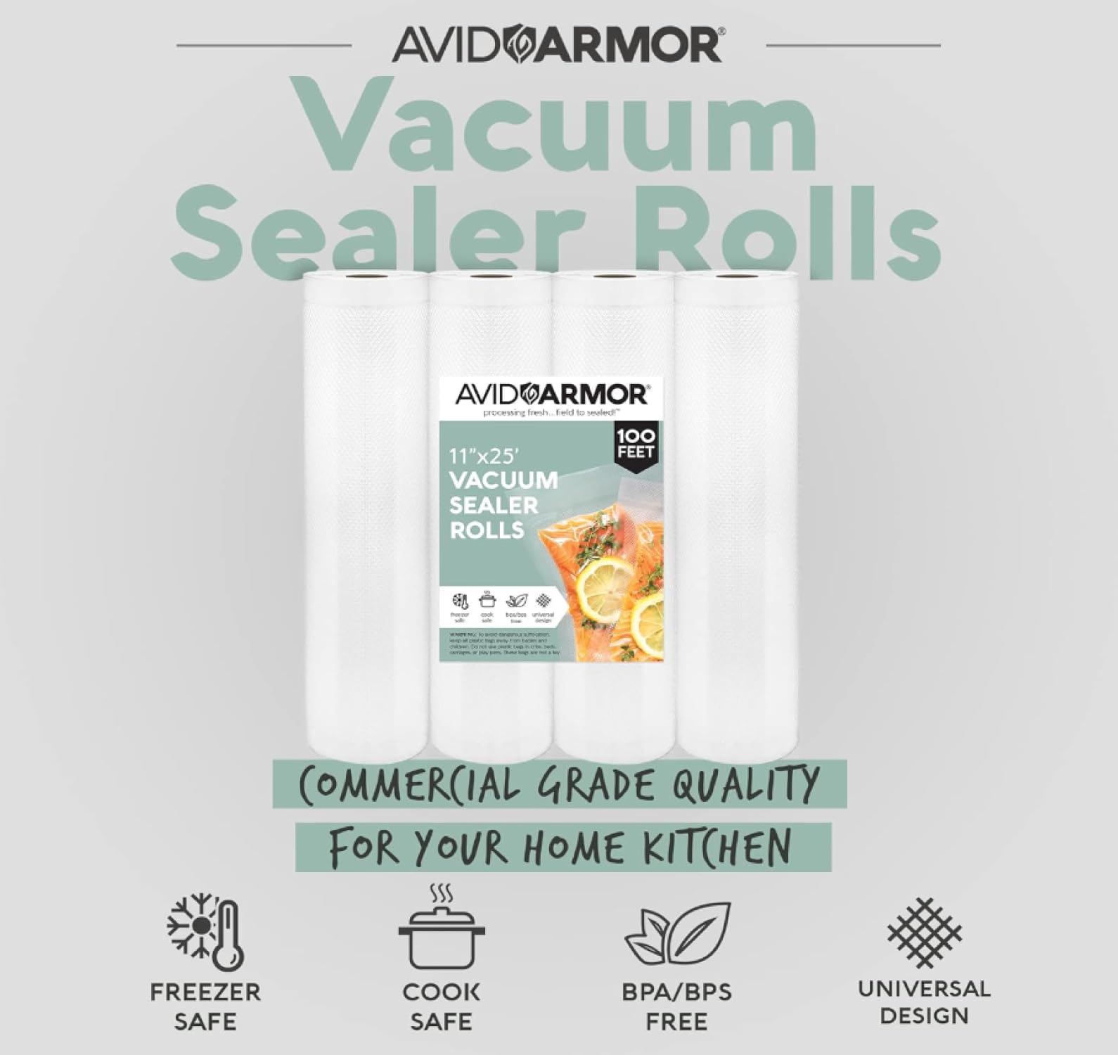 Avid Armor Vacuum Sealer Bags - 4 Pack, 11x25 Rolls | BPA-Free Food Storage Bags for Sous Vide, Meal Prep & Freezer Storage | Heavy Duty Vacuum Seal Bags Compatible with FoodSaver & Seal-a-Meal | Perfect for Freshness Preservation & Kitchen Organization
