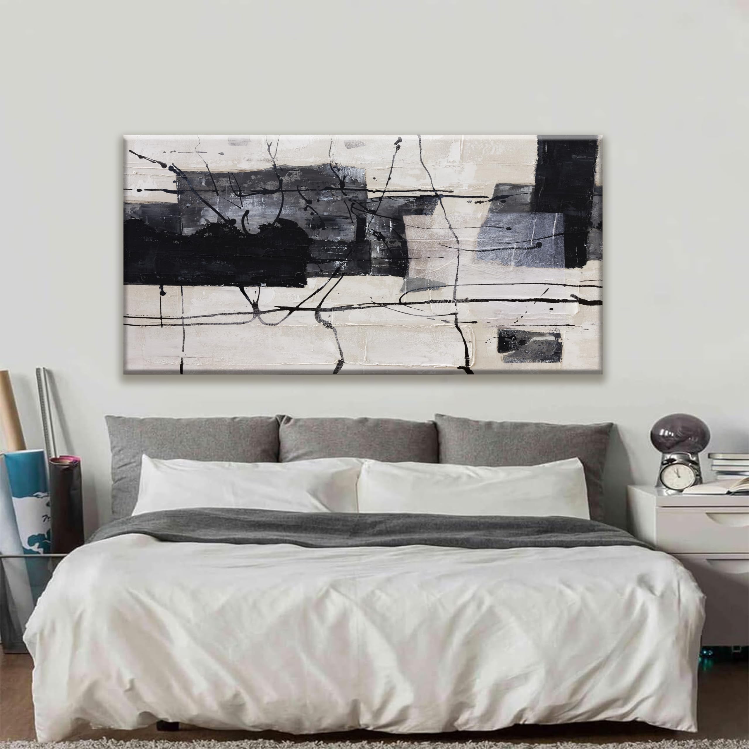 Large Abstract Wall Art Canvas Painting - Black & White Modern Home Decor for Living Room, Bedroom, Dining Room - 29x58 Inch Framed Wall Decor - Perfect for Contemporary Spaces & Office Wall Art