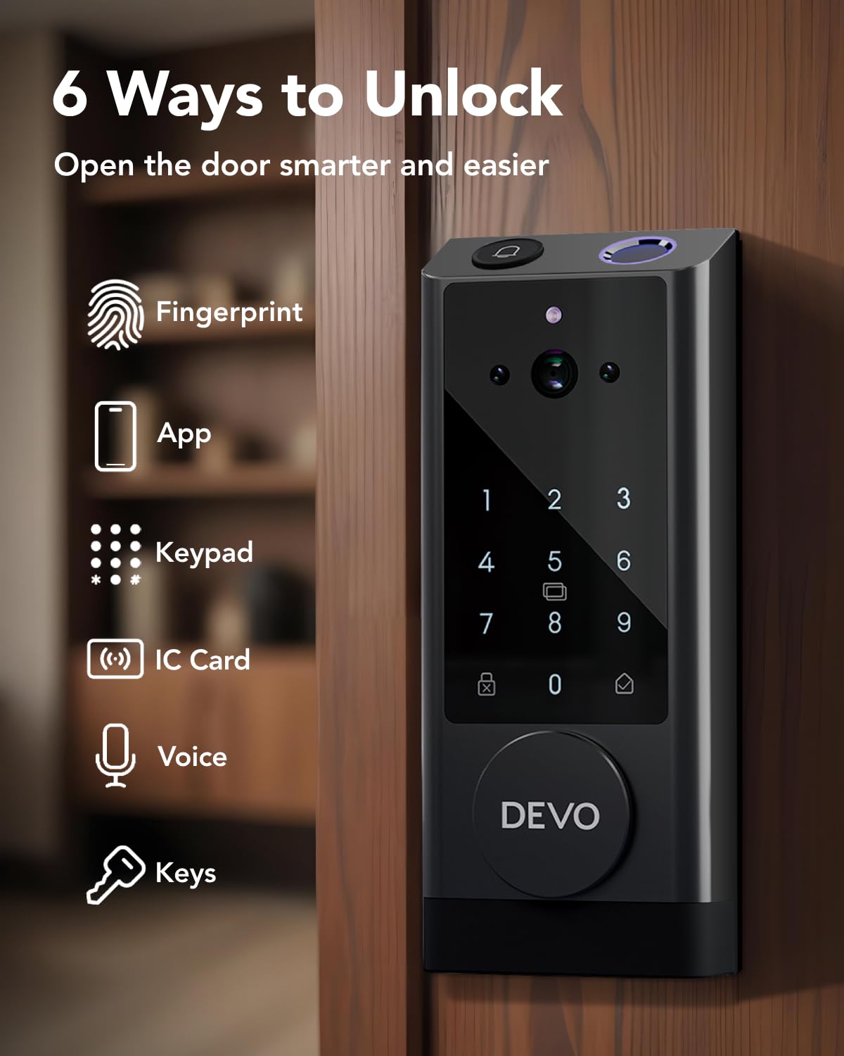 Devo G1 Smart Video Door Lock with Camera & Doorbell - 6-in-1 Keyless Entry, Fingerprint ID, Auto Lock, Wi-Fi Enabled Smart Deadbolt for Front Door - Easy Installation, Waterproof, BHMA Grade 3 - Perfect for Home Security & Smart Access Control
