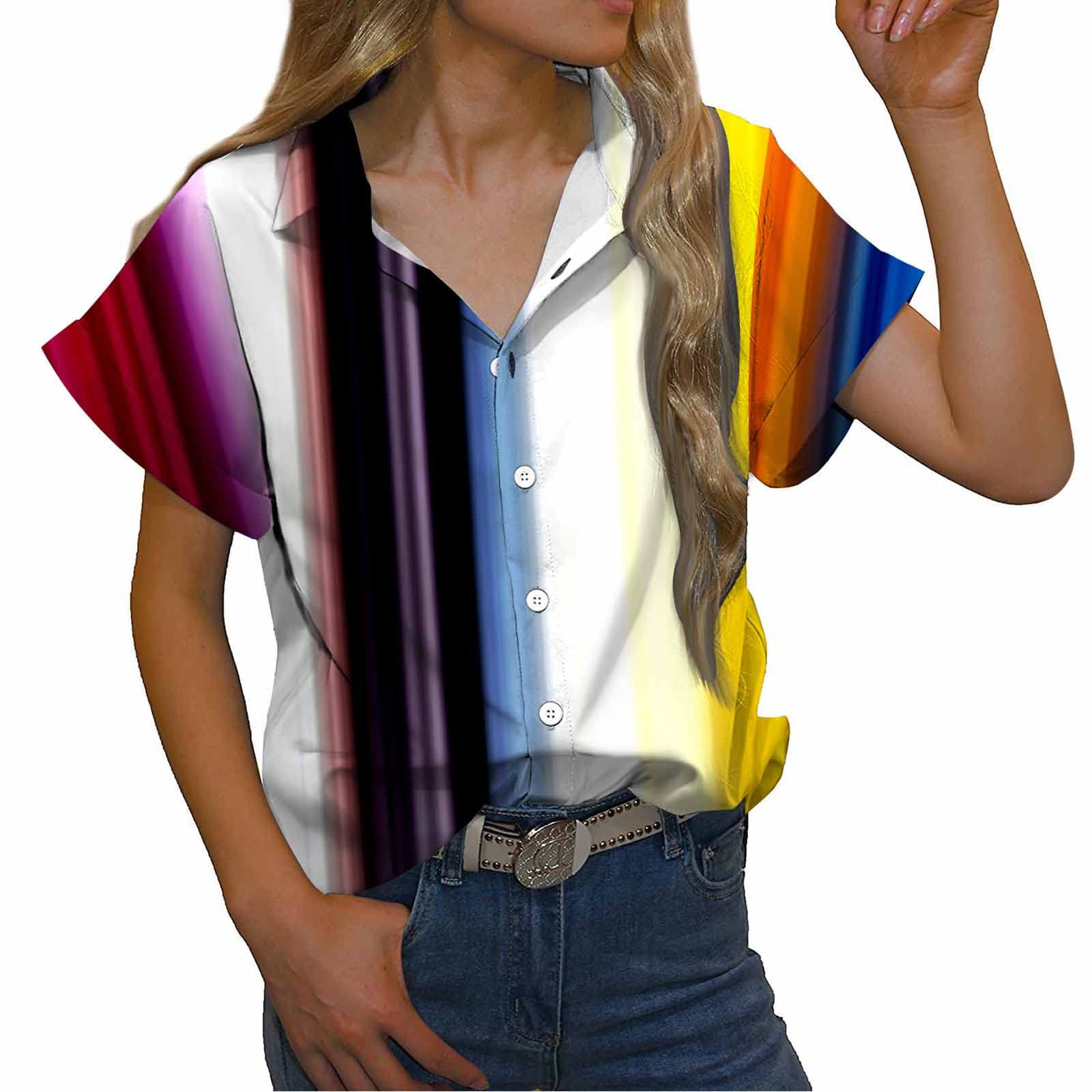 Women's V-Neck Button Down T-Shirts - Short Sleeve Casual Blouses with Print, Loose Fit Summer Tops for Everyday Wear, Work & Outings