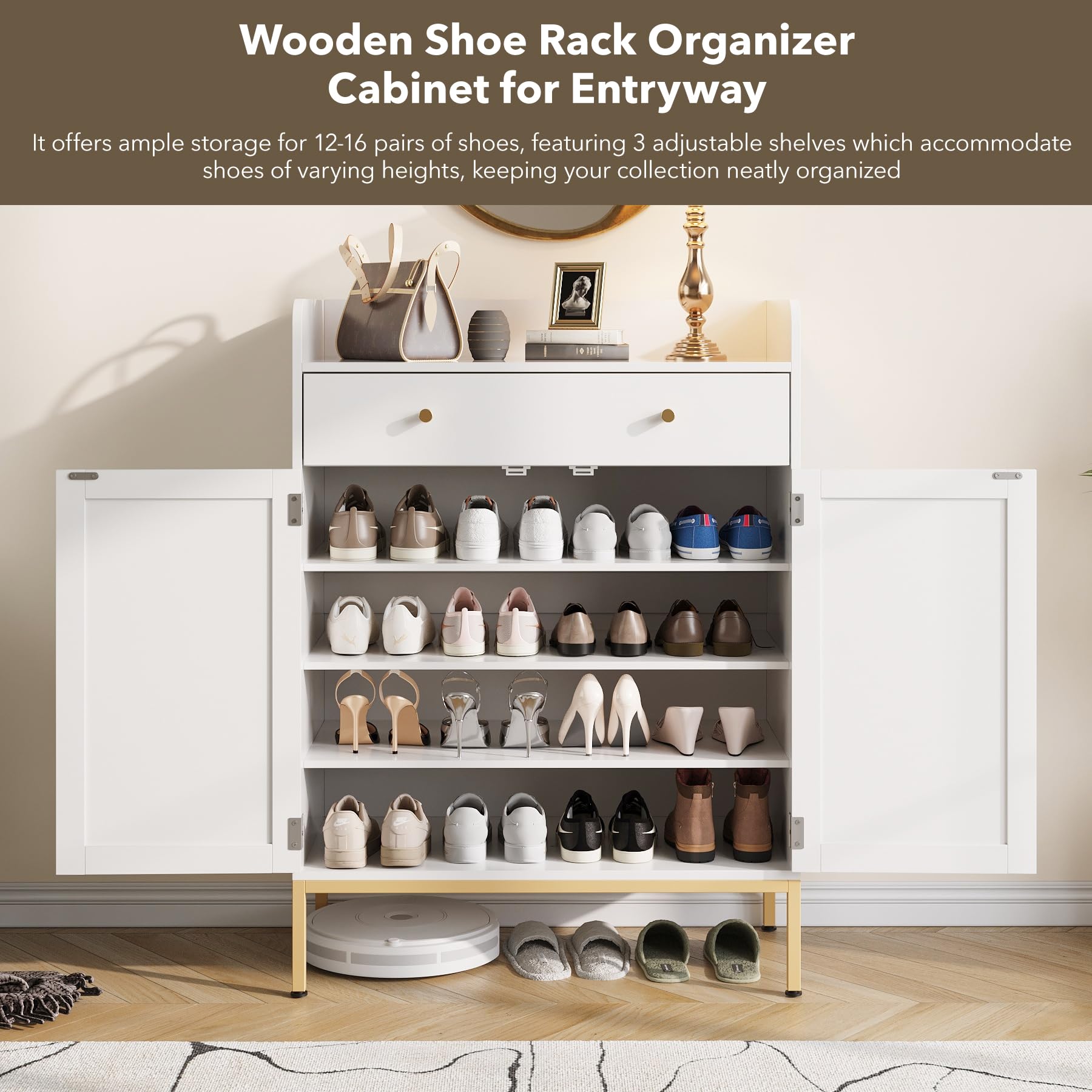 Maupvit 20-Pair Shoe Storage Cabinet with Doors & Drawers - Adjustable Shelves, Metal Legs, 43