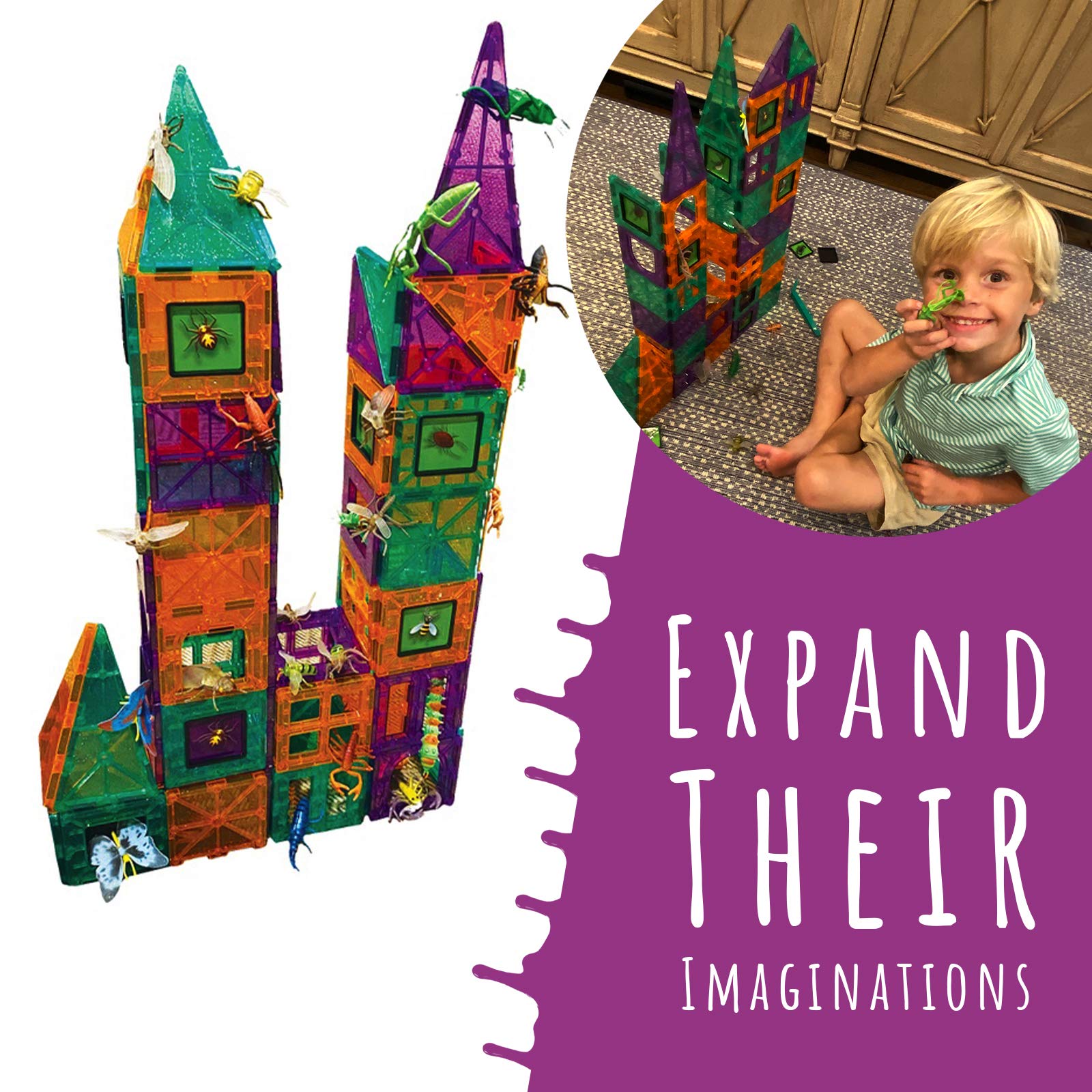 Creepy Archi Tiles - 100pc Magnetic Building Blocks Set for Kids with Bugs, Storage Bag, Stickers & Tweezers - STEM Educational Construction Toys for Toddlers - Perfect for Creative Play, Early Learning & Sensory Development