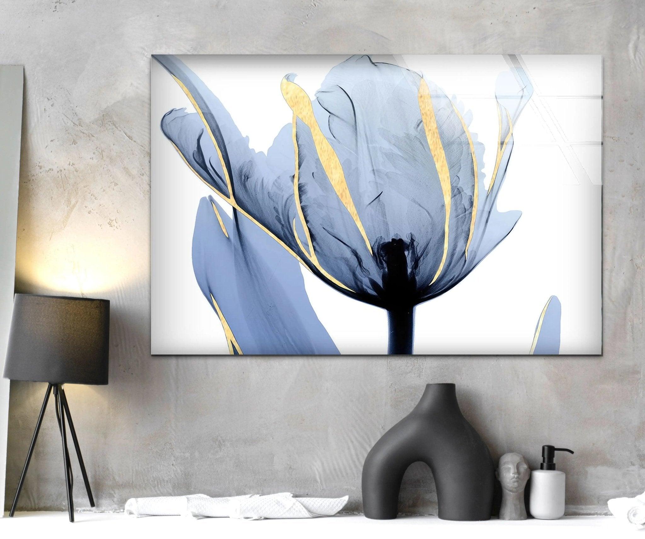 Albert Koetsier Blue Tulip Flower Glass Wall Art - Handcrafted Stained Glass Window Decor for Home, Office & Gift - Perfect for Living Room, Bedroom & Wedding Decorations