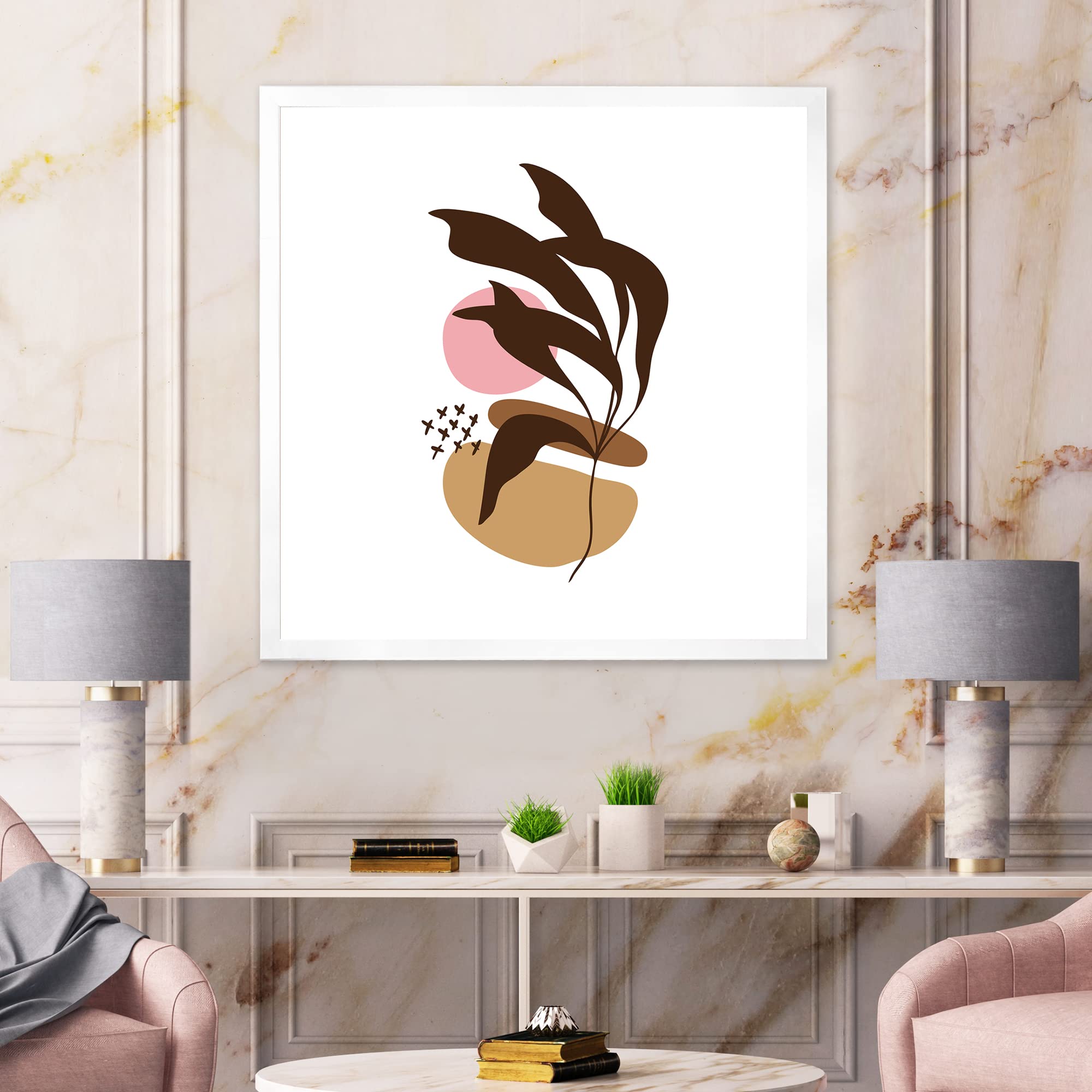 Abstract Plants Modern Framed Wall Art - Geometric Elementary Shapes Design for Living Room, Bedroom & Office Decor