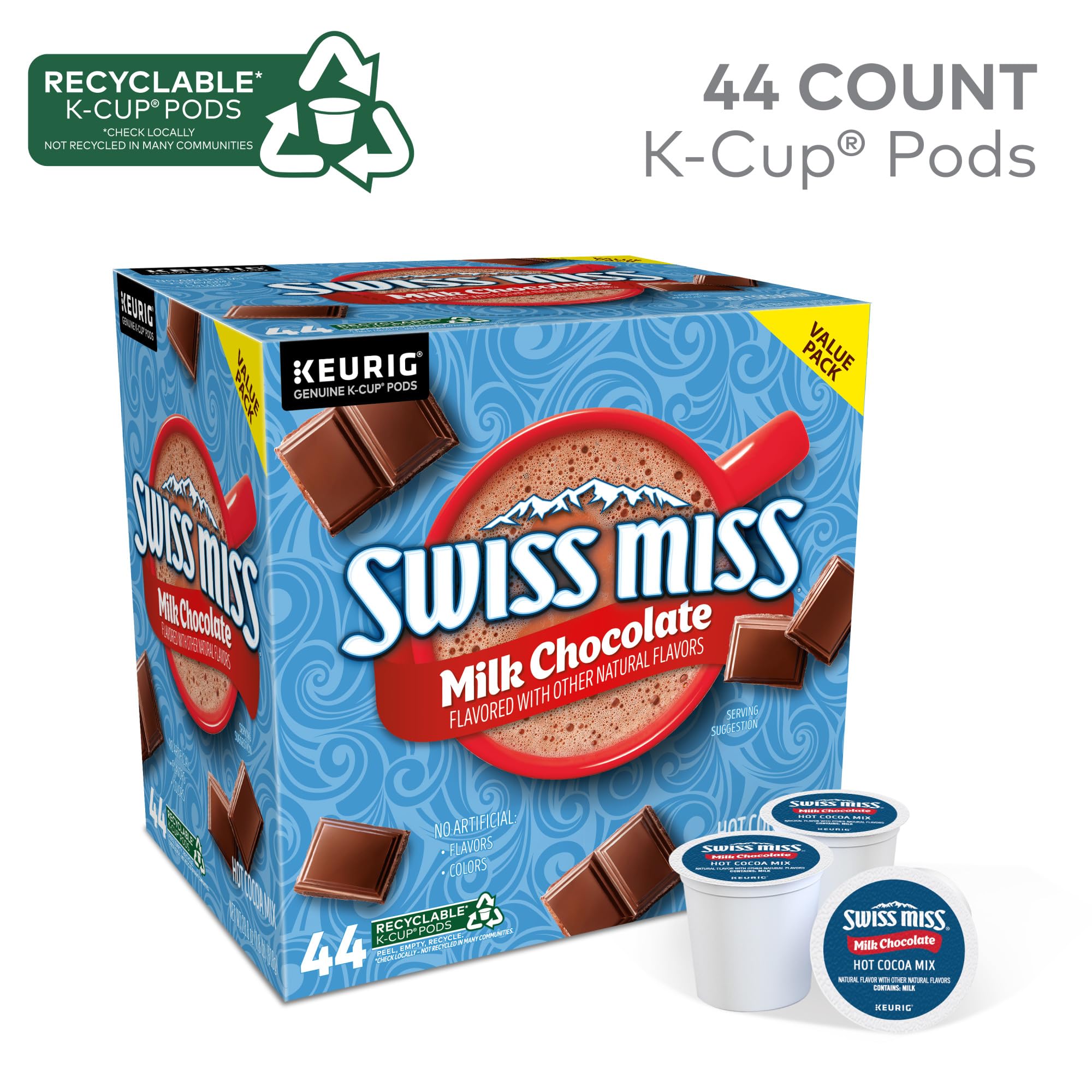 Swiss Miss Milk Chocolate Hot Cocoa K-Cup Pods for Keurig - 44 Count Single-Serve Pack - Perfect for Winter Warmth, Office Breaks & Cozy Nights