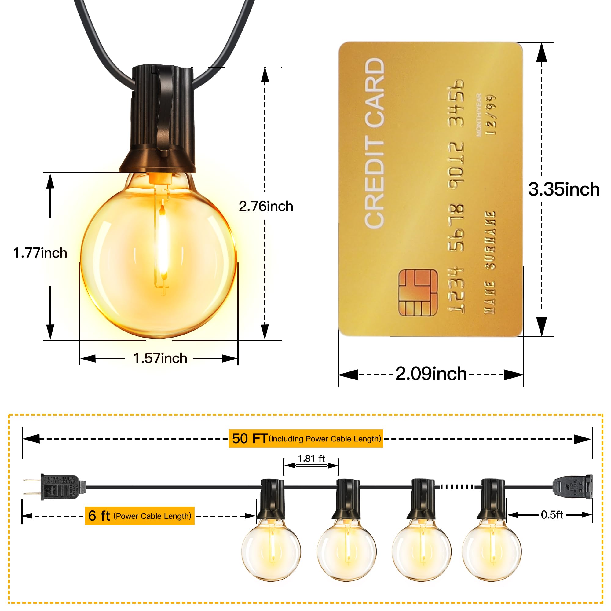 50FT Outdoor String Lights Waterproof Connectable Shatterproof - 25 Edison + 2 Spare LED Bulbs Plug in - Perfect for Patio, Indoor, Balcony, Porch, Camping, Deck & Backyard Lighting