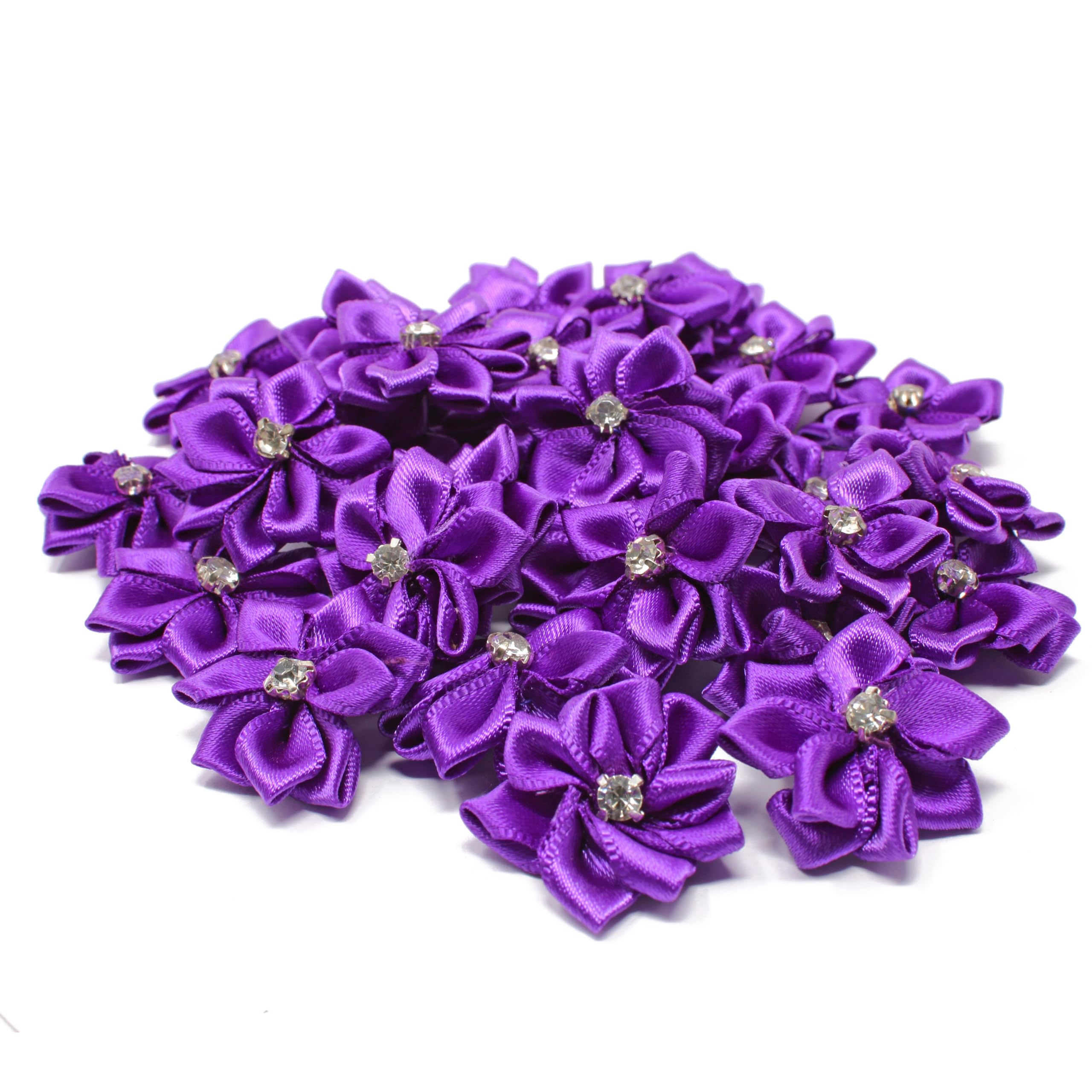 25mm Purple Satin Ribbon Flowers with Rhinestone Center - Pack of 50 DIY Craft Flowers for Wedding Bouquets, Hair Accessories, Gift Wrapping & Home Decor