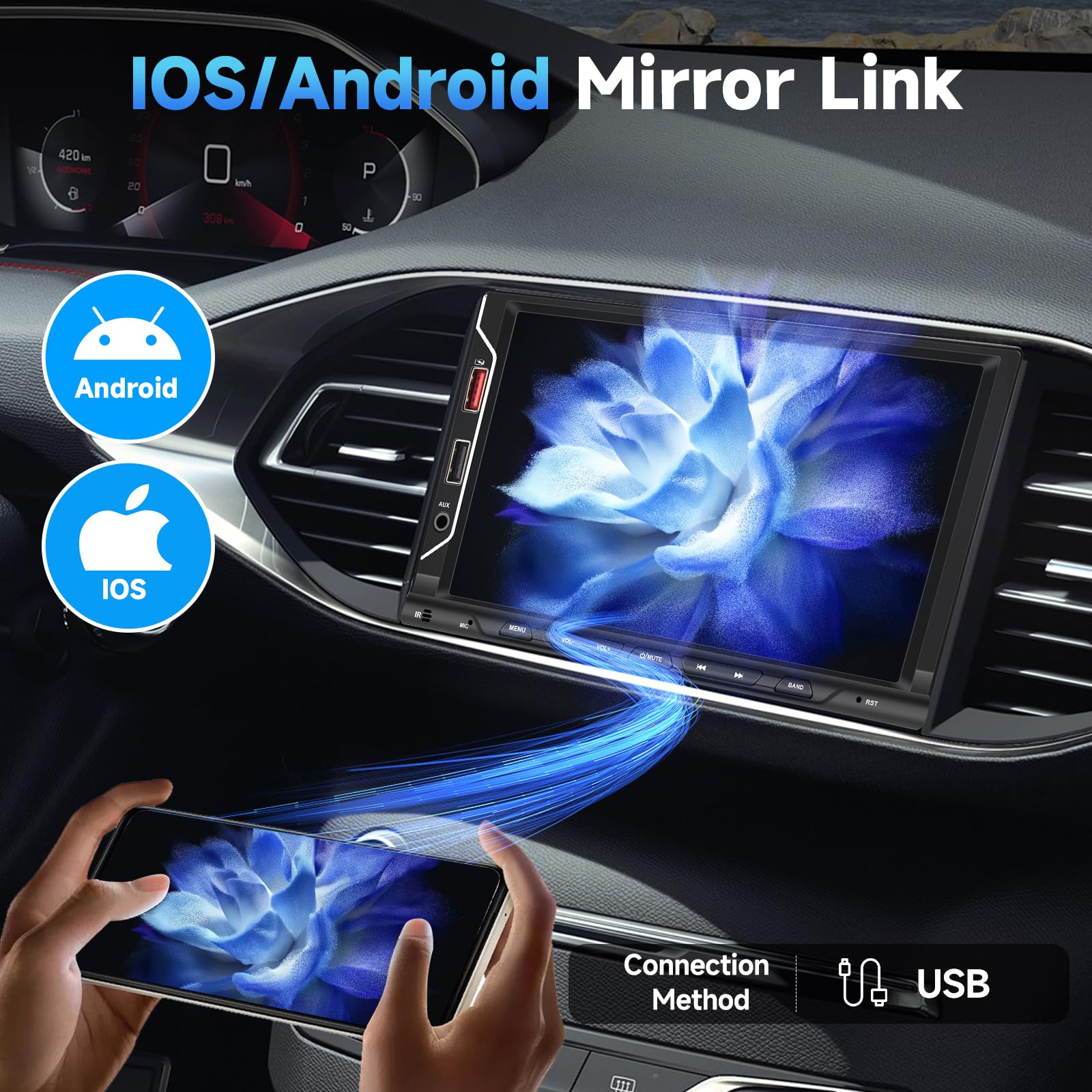 Podofo 7-inch Wireless CarPlay & Android Auto Double Din Car Stereo - Bluetooth 5.1 Touch Screen Car Radio with FM, USB, AUX, TF Card & Rear View Camera - Universal Car Multimedia Player for Road Trips & Daily Commuting