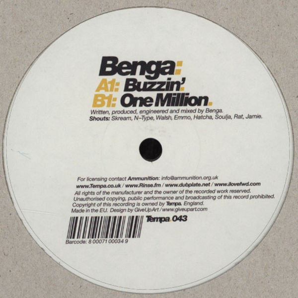 Benga - Buzzin' / One Million 12 TEMPA043 Tempa - Electronic Dance Music Vinyl Record for DJs & Music Collectors - Perfect for Nightclubs & Home Listening