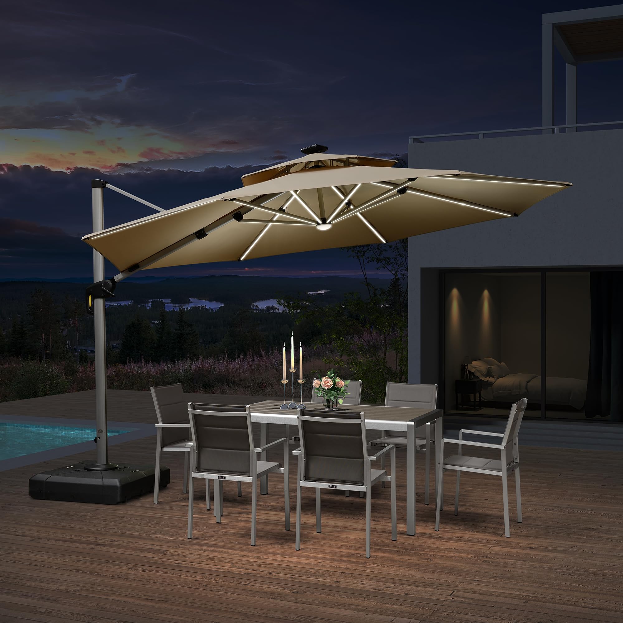 PURPLE LEAF 12ft Solar Powered LED Patio Umbrella - Large Windproof Cantilever Outdoor Umbrella with Bright LED Lights, Heavy Duty Sun Shade for Garden, Deck, Pool & Backyard (Beige) | Perfect for Outdoor Dining, Lounging and Summer Entertaining