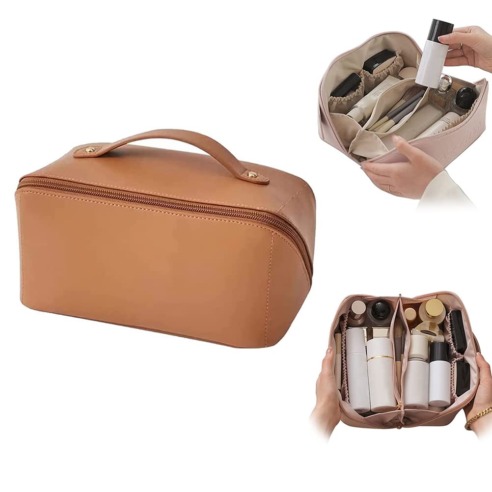 Enfudid Large Leather Makeup Bag for Women - Waterproof Travel Cosmetic Organizer with Handle & Dividers - Roomy Portable Makeup Case for Girls | Perfect for Travel, Gym, Daily Use & Gift Giving