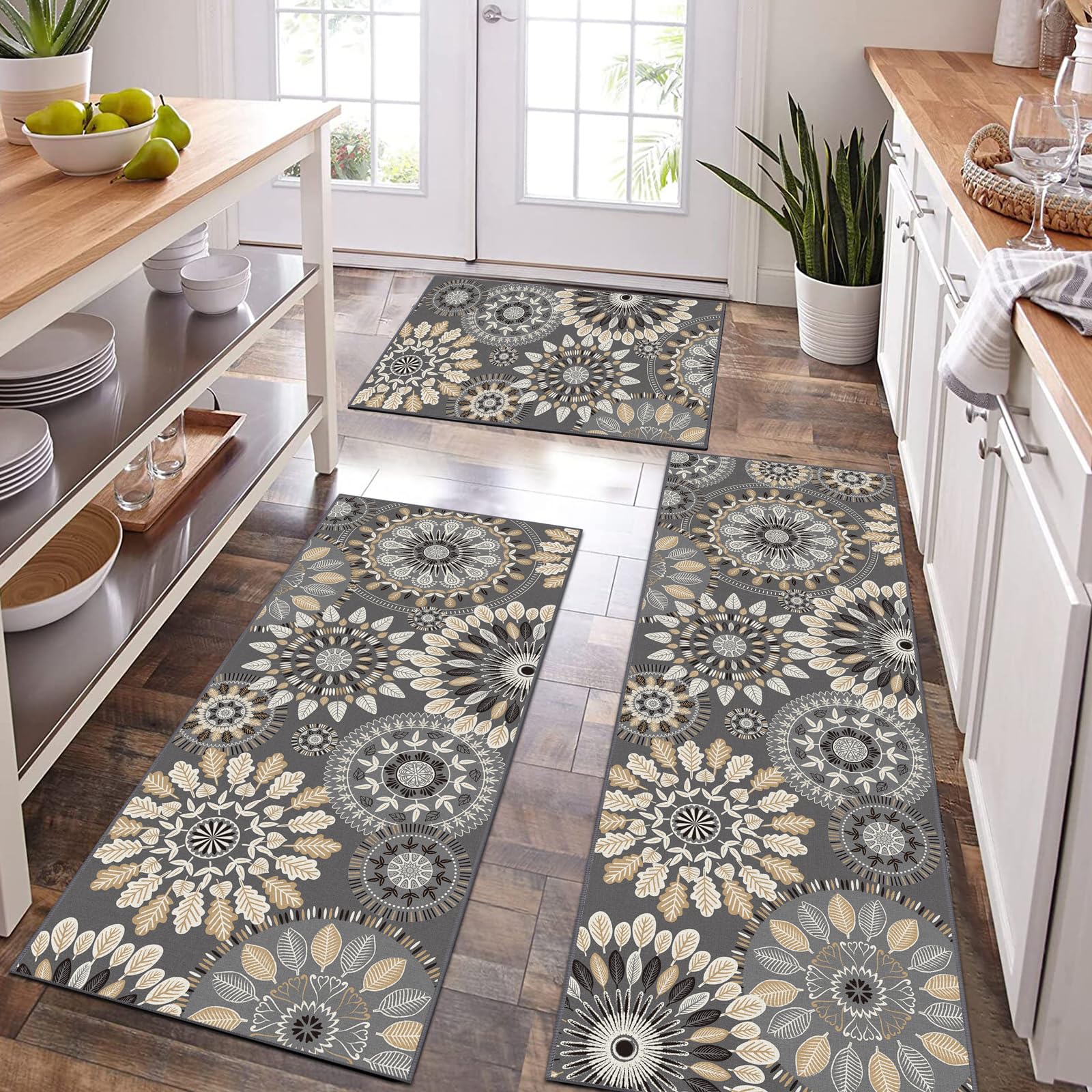 Bsmathom 3-Piece Farmhouse Kitchen Rug Set - Non-Slip Boho Vintage Washable Floor Mats for Kitchen, Hallway & Laundry Room - Perfect for Farmhouse Decor & High-Traffic Areas
