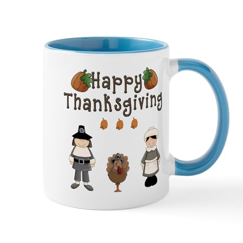 White/Blue Inside - Happy Thanksgiving Pilgrims And Turkey Mugs