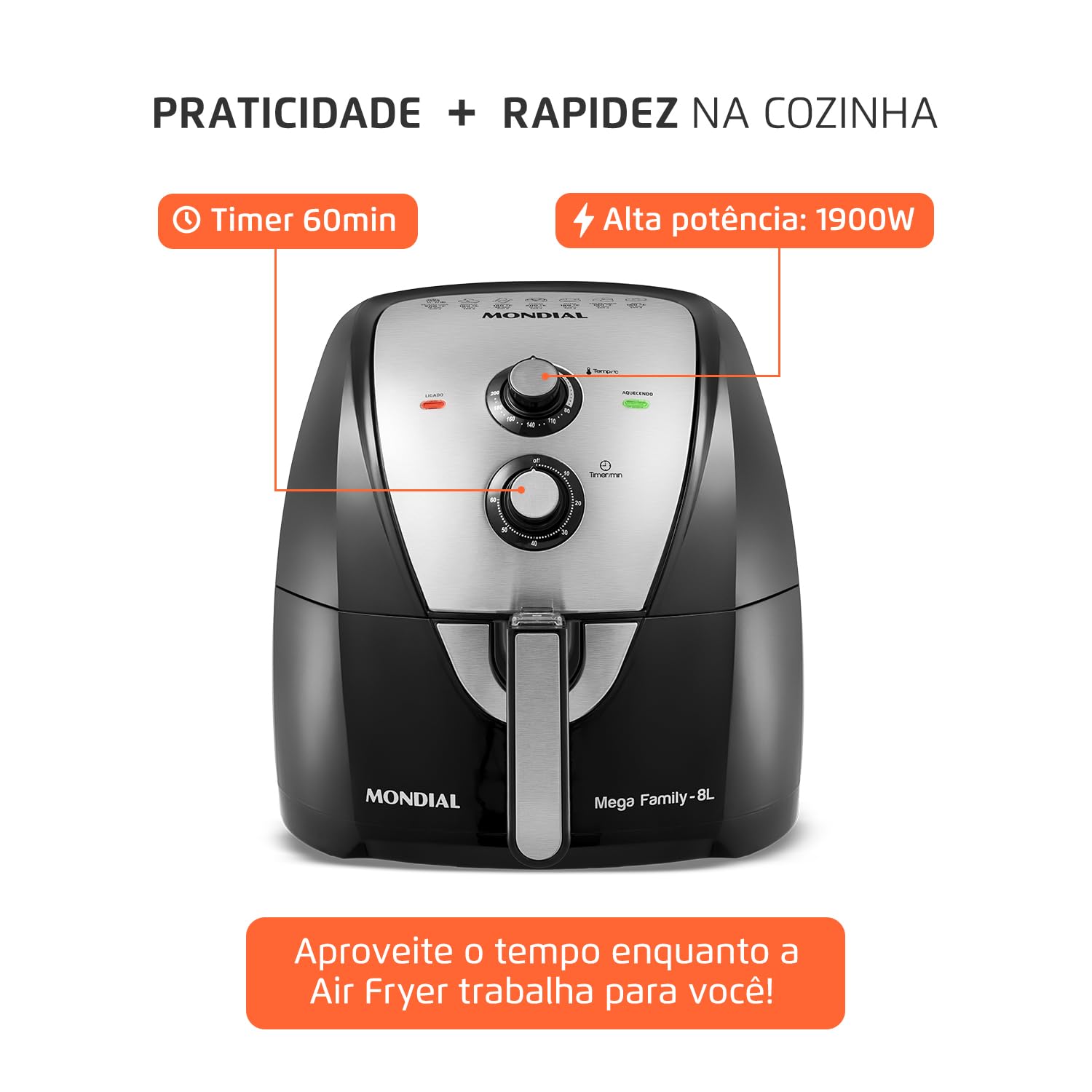 Mondial 8L Air Fryer Oil Free Cooker, 1900W, 110V, Black/Stainless Steel (AFN-80-BI) - Healthy Frying for Family Meals, Snacks & Party Foods