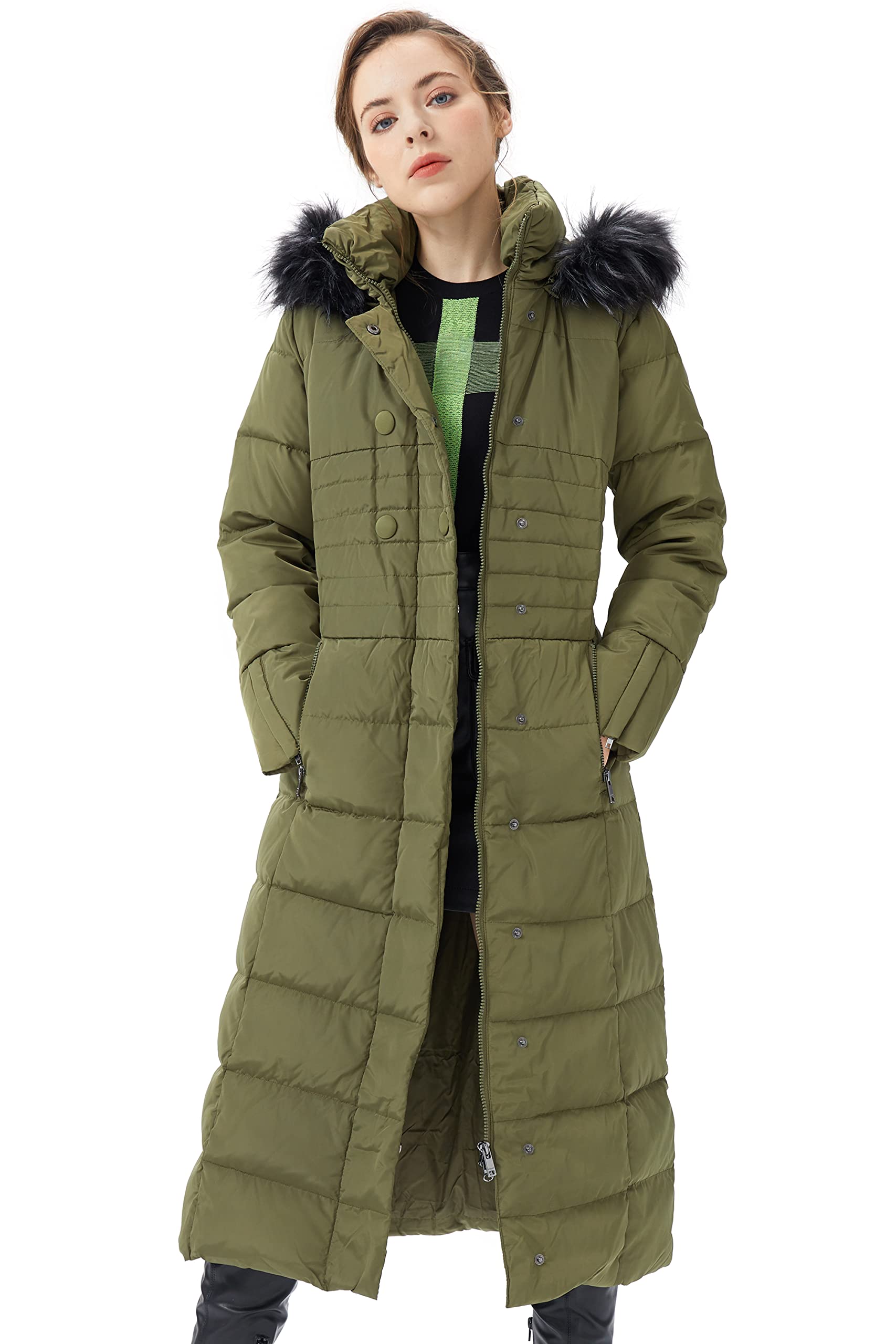 Orolay Women's Winter Warm Hooded Down Jacket with Fur Trim - Long Puffer Coat for Cold Weather, Outdoor Activities & Daily Wear