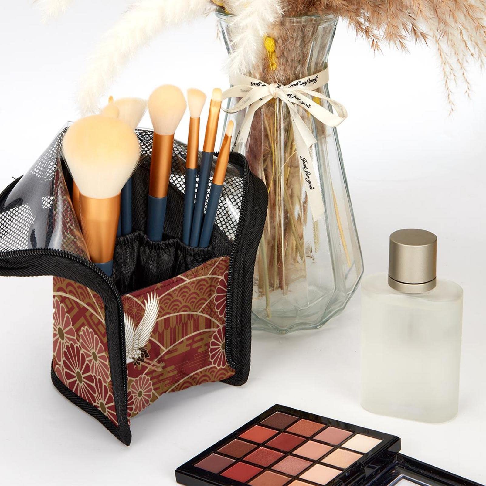 12-Piece Makeup Brush Organizer Bag with Floral Red Crane Design - Portable Travel Cosmetic Brush Holder Case for Professional Artists & Beginners - Perfect for Home, Travel, and Salon Use