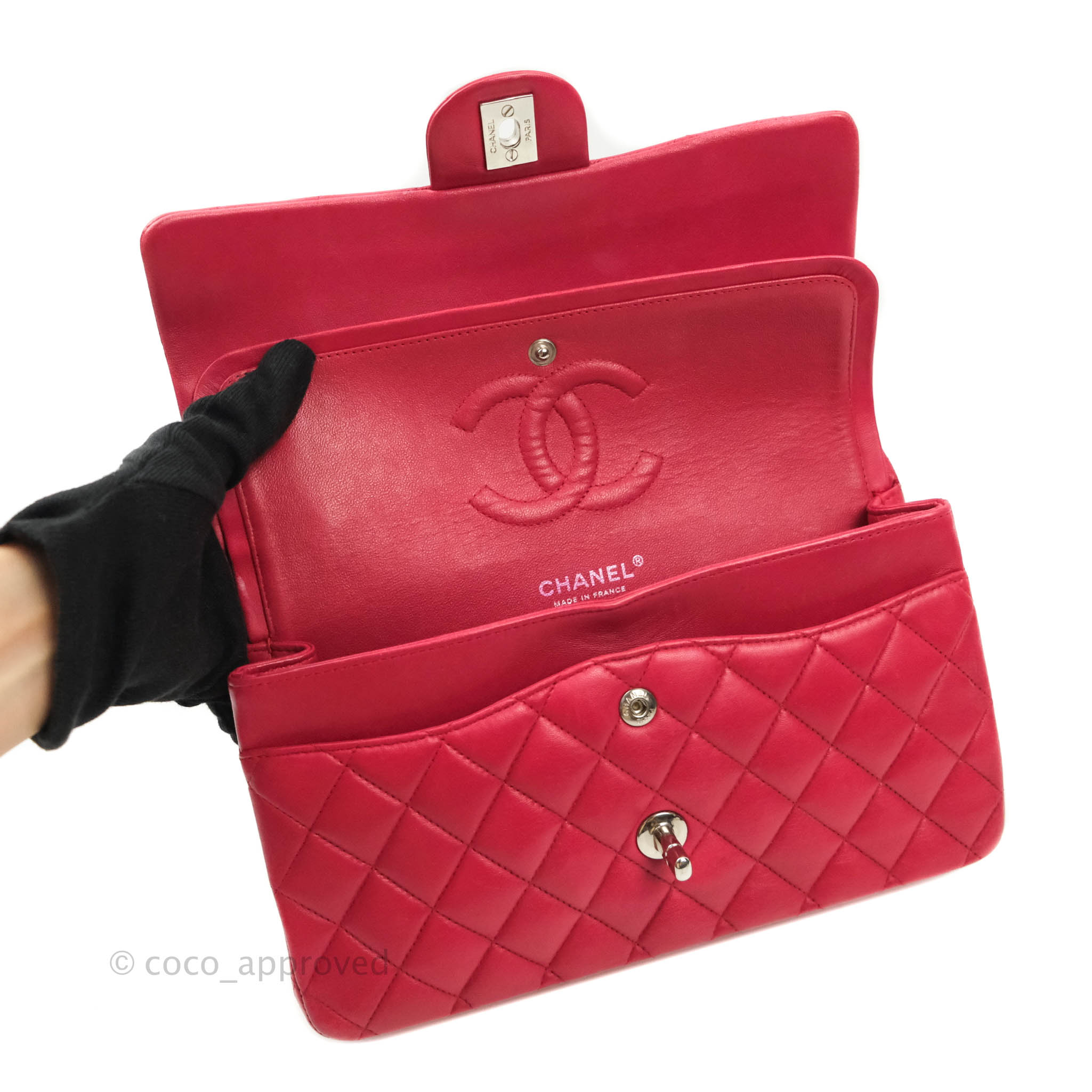 Chanel Classic Medium Double Flap Bag - Red Lambskin Leather with Silver Hardware | Luxury Handbag for Women, Perfect for Parties & Evening Events