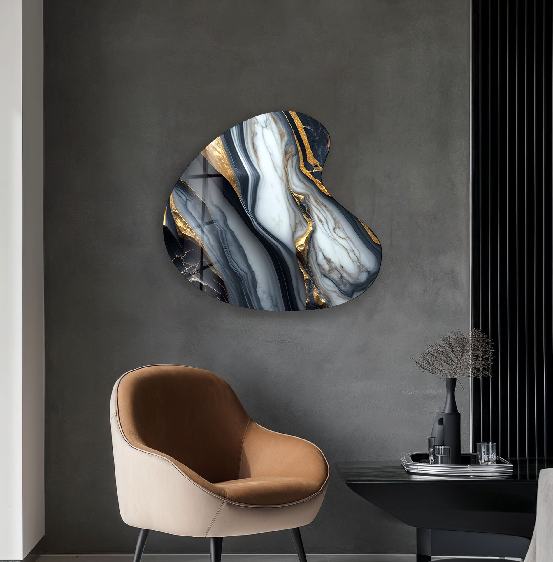 Black and White Marble Irregular Glass Wall Art - Modern Abstract Home Decor for Living Room, Bedroom, or Office
