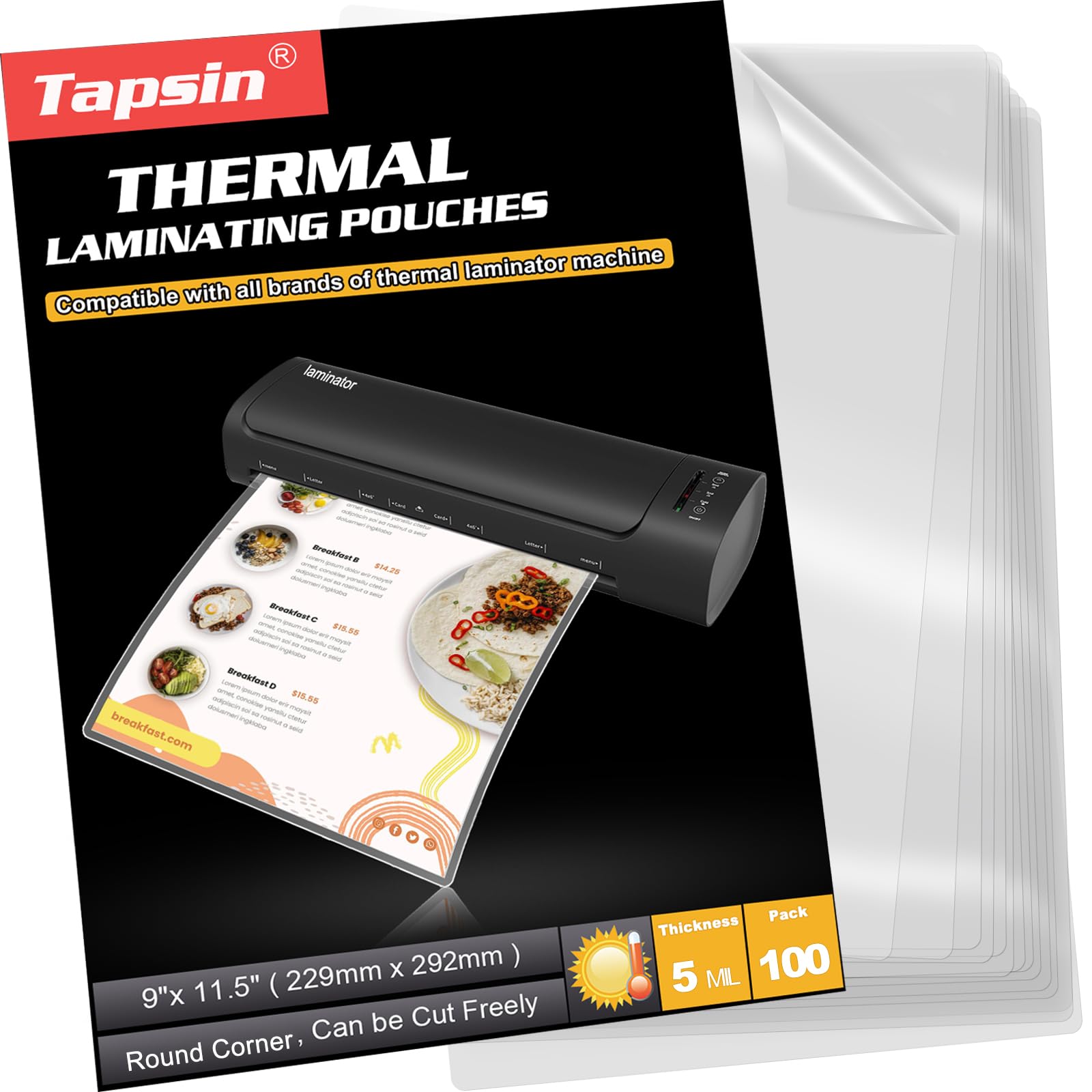 100 Pack 9 x 11.5 Inch 5 Mil Clear Laminating Sheets - Thermal Laminator Pouches for Documents (8.5x11), Photos & Files - Round Corner Lamination Paper for Office, School, Craft Projects & ID Protection