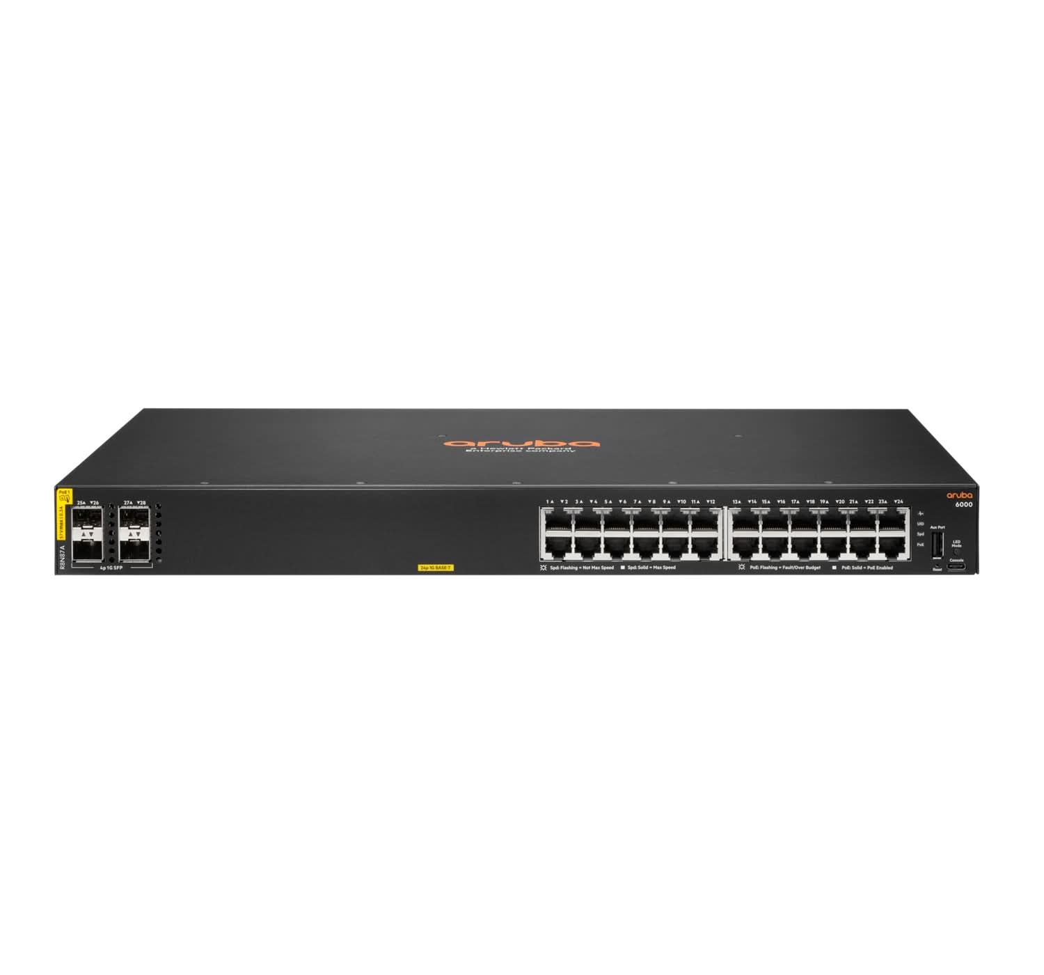 Aruba 6000 24-Port Gigabit PoE+ Switch | 4 SFP Ports | 370W Power | L3 Managed | 1U Rackmount (R8N87A#ACC) - Ideal for Business Networks, VoIP, and Security Cameras