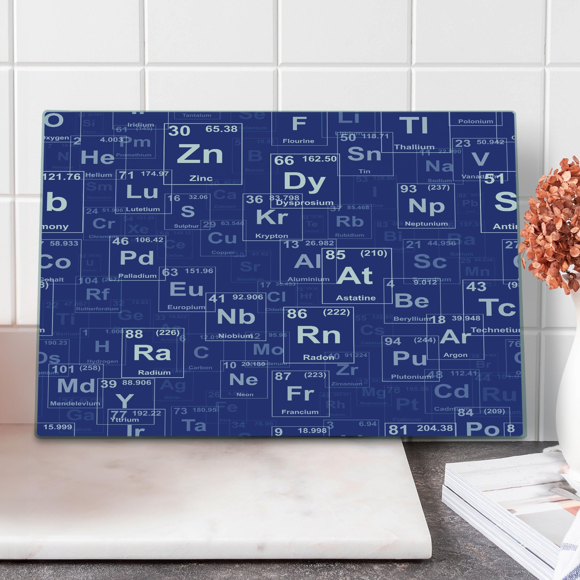 Ambesonne Periodic Table Tempered Glass Cutting Board - Large Chemistry Elements Design for Kitchen & Science Decor - Royal Blue & White - Perfect for Cooking, Serving & STEM Classroom Decorations