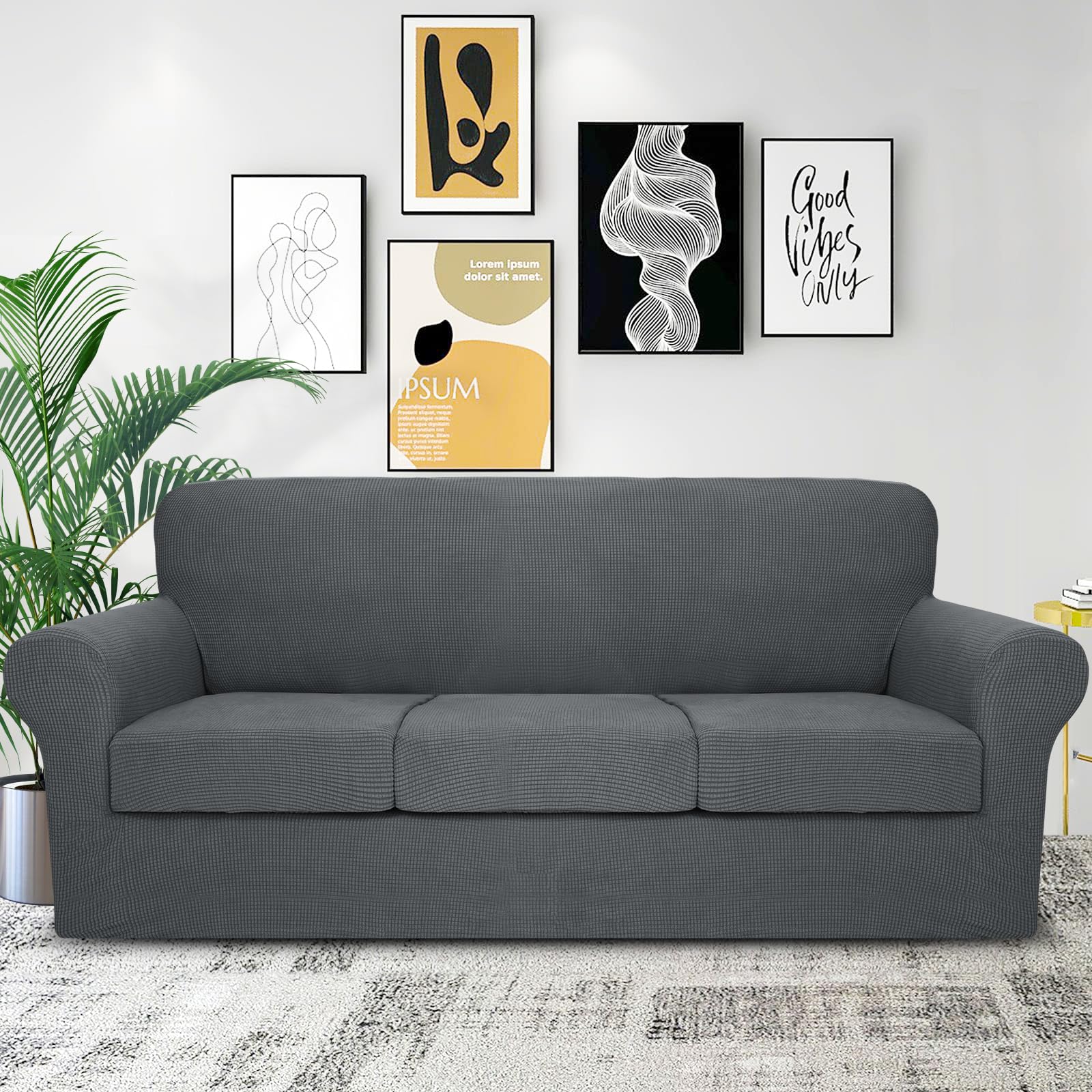 ZNSAYOTX 4-Piece Stretchable Jacquard Sofa Slipcovers - Dark Grey Couch Covers for 3-Cushion Couches, Machine Washable Furniture Protector for Living Room, Home Decor & Pet Protection