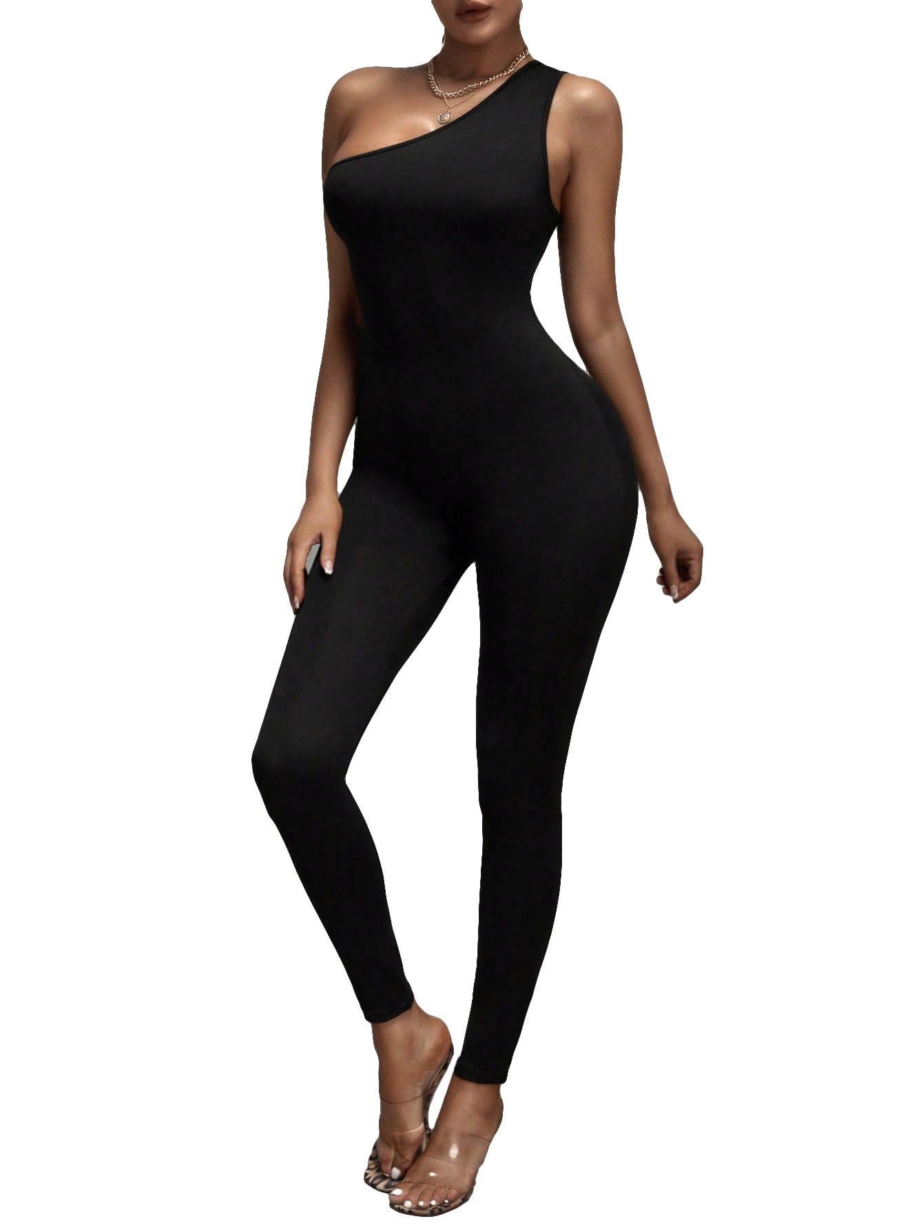 WDIRARA Women's One Shoulder Sleeveless High Waist Jumpsuit - Elegant Bodycon Romper with Pants for Night Out, Party & Special Occasions
