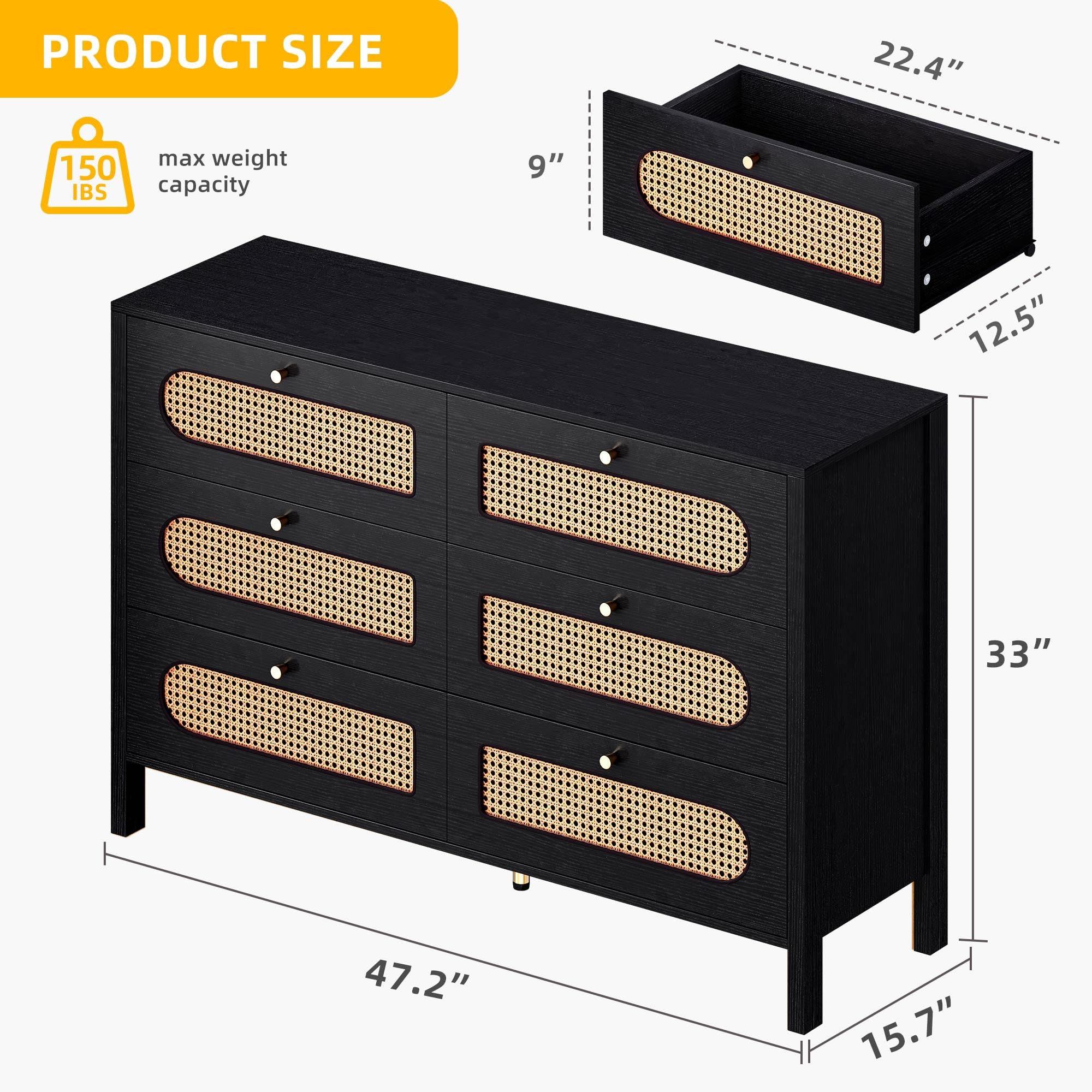 DWVO Natural Rattan 6-Drawer Dresser - Wooden Black Boho Double Dresser Chest with Golden Handles - Modern Large Storage Cabinet for Bedroom, Living Room, Hallway & Entryway - Perfect for Closet Organization & Home Decor