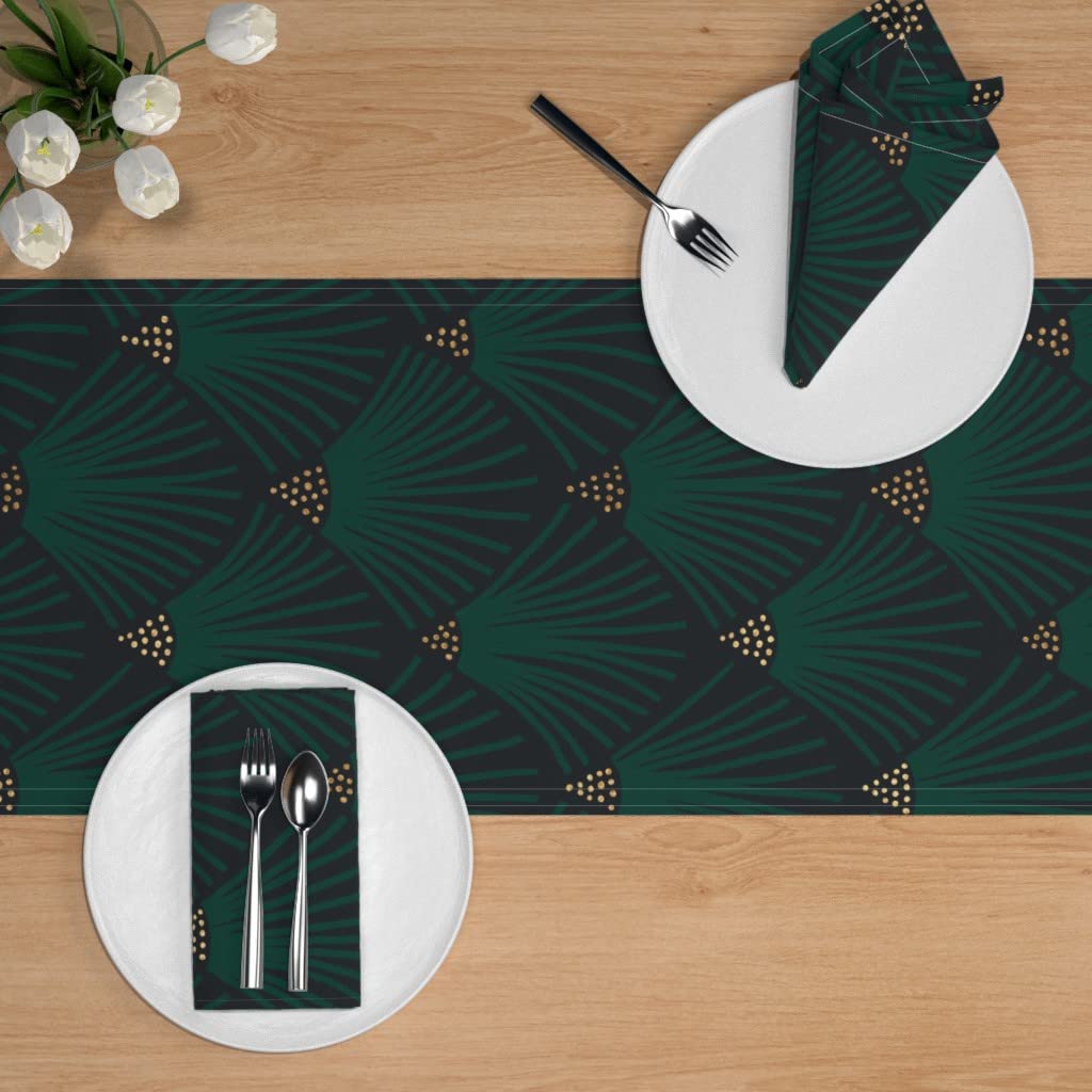 Dark Emerald Green Art Deco Scallop Scale 1920s Elegant Print Cotton Sateen Table Runner - 108 Inch Custom Table Linens for Dining Room Decor, Wedding Reception, and Vintage Themed Parties