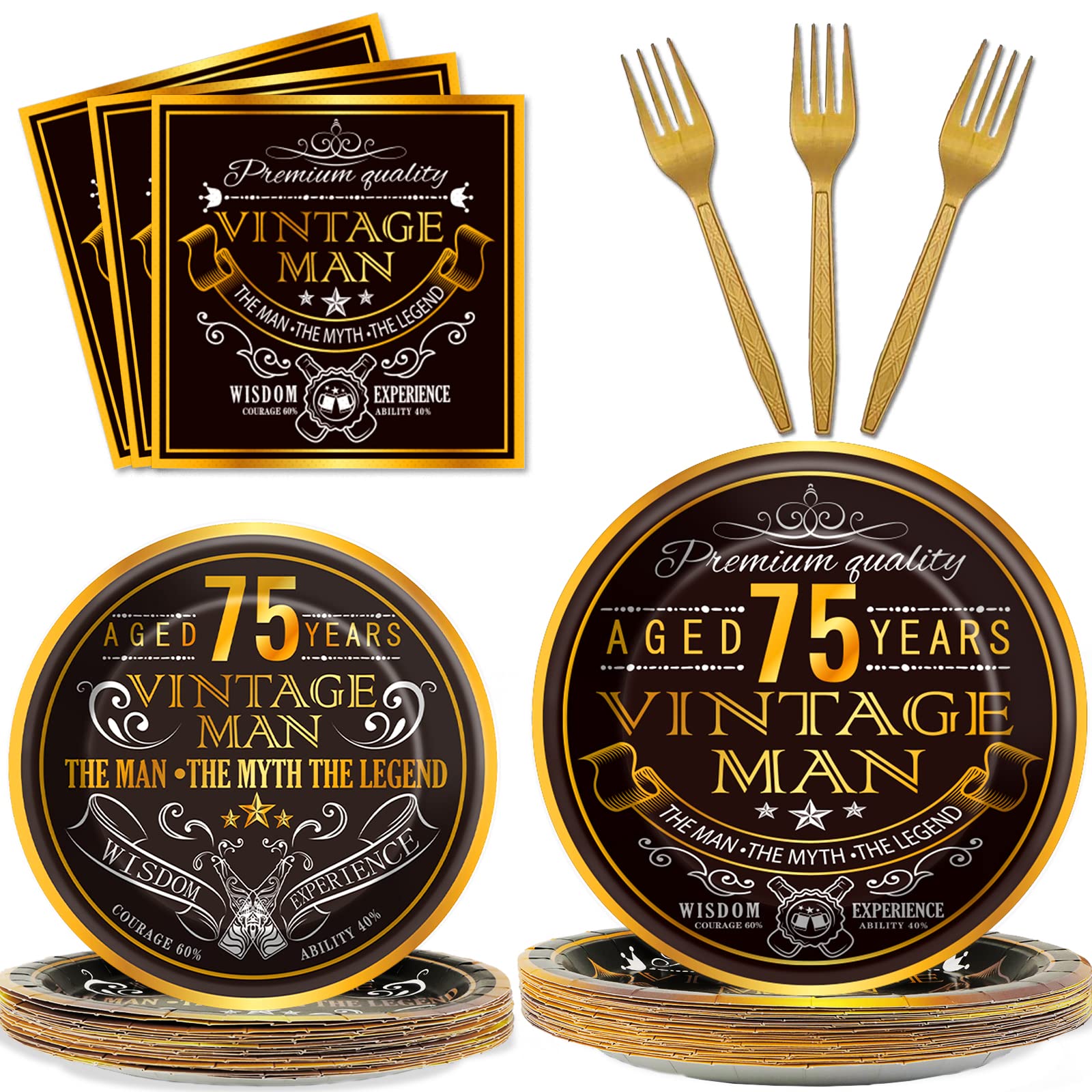 Wiooffen 96-Piece Vintage 75th Birthday Party Tableware Set - 1950s Theme Decorations with Paper Plates, Napkins & Forks for 24 Guests - Perfect for 75th Anniversary Celebrations, Retro Parties & Milestone Birthday Events