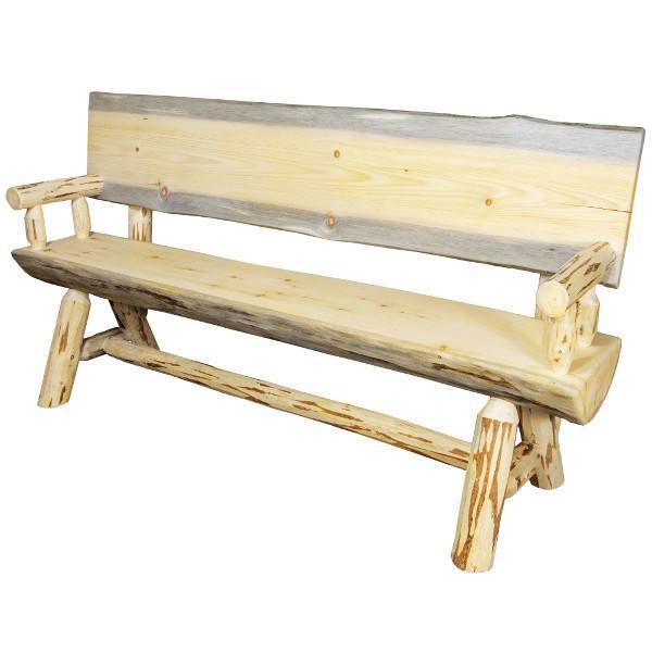 Montana Half Log Bench with Back & Arms - Rustic Outdoor Wooden Bench for Patio, Garden, and Backyard - Perfect for Relaxing, Camping, and Picnics