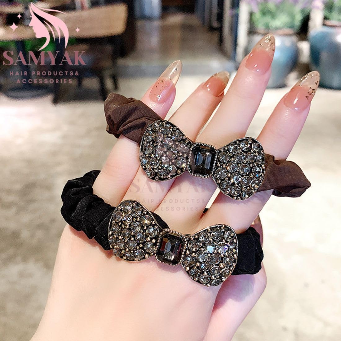 Luxury Square Rhinestone Bow Hair Scrunchies - 4 Pack Elegant Hair Ties for Women & Girls, Ponytail Holders with Non-Slip Rubber Bands - Perfect for Parties, Weddings, and Everyday Styling