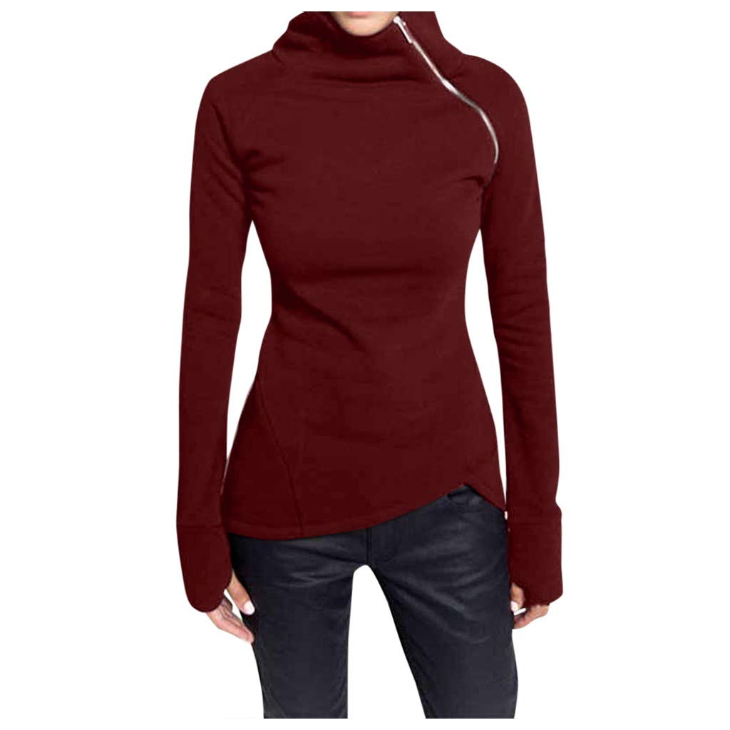 Women's Casual Turtleneck Pullover Sweatshirt - Long Sleeve Solid Color Zipper Blouse Top for Fall Winter Fashion, Work Office & Daily Outfits