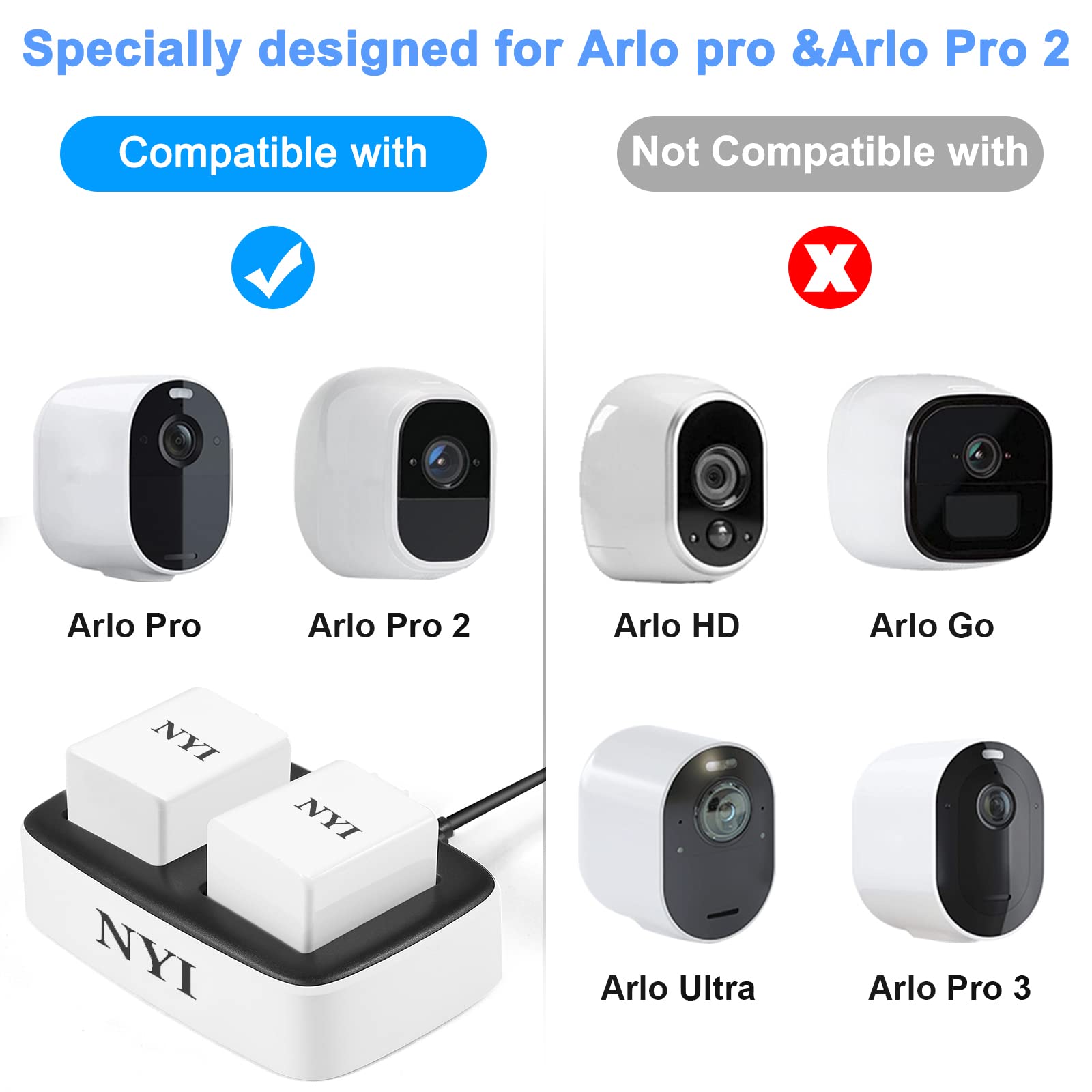 Upgraded 2560mAh 7.2V Rechargeable Lithium Battery Pack with Charger - Compatible with Arlo Pro & Arlo Pro 2 Security Cameras - 2 Batteries & Charger Set for Home Surveillance System