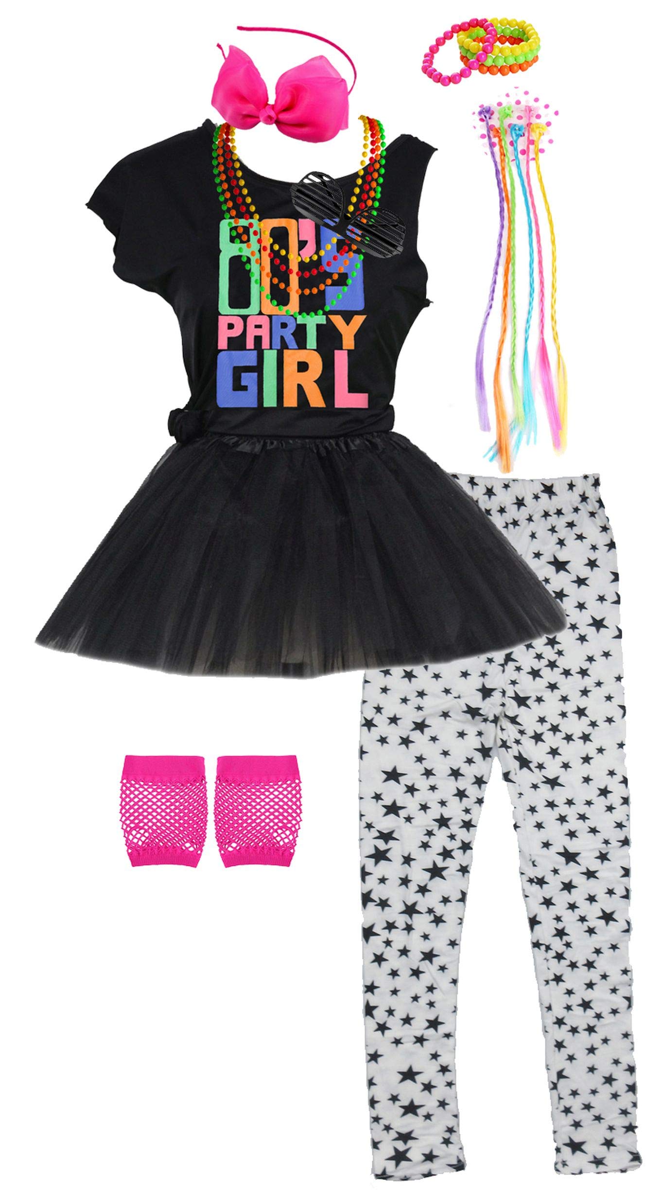 Vintage 80s Girls Costume Set by Janestone - T-Shirt, Skirt, Leggings, Gloves & Headwear | Retro Fashion Outfit for Halloween, Cosplay & Themed Parties