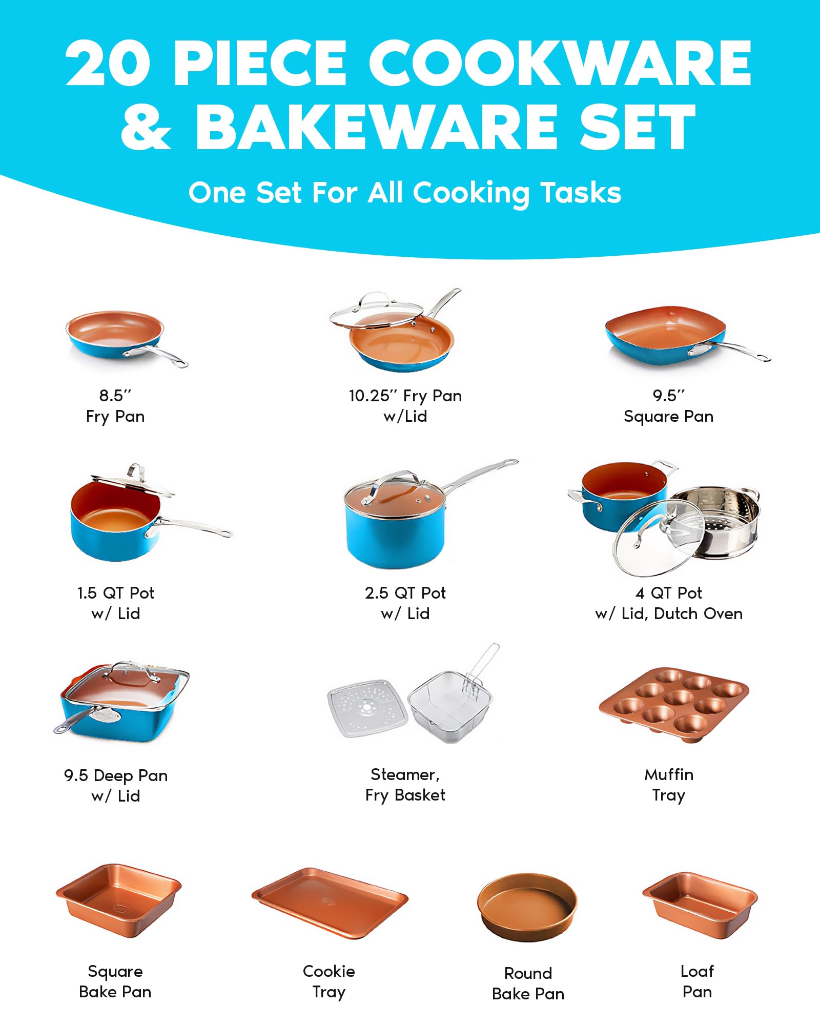 Premium 20-Piece GOTHAM STEEL Copper Cookware & Bakeware Set - Nonstick, Oven/Dishwasher Safe, Non-Toxic Turquoise Pots & Pans for Professional & Home Cooking | Perfect for Baking, Frying, Sautéing & Family Meals