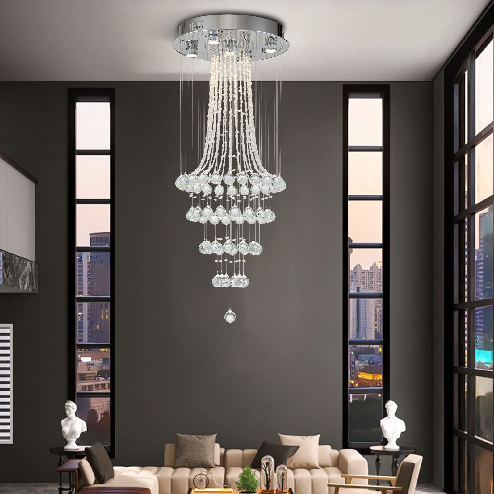 Luxury 5-Light Crystal Chandelier - Spiral Raindrop Flush Mount Ceiling Light Fixture with LED Lighting | Elegant Hanging Light for Staircase, Foyer, Entryway, Hotel Lobby (43