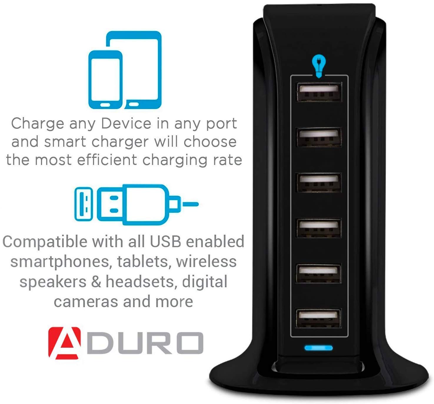 Aduro 40W 6-Port USB Desktop Charging Station with U-Light LED Desk Lamp - Wireless Charger, Dimmable Eye-Caring Light for Home Office, Bedroom & Nightstand (Black) - Fast Charging Hub & Stylish Desk Organizer