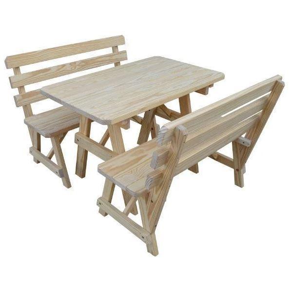 Unfinished Yellow Pine Dining Table with 2 Backed Benches - Rustic A & L Furniture for Kitchen, Dining Room, or Outdoor Patio