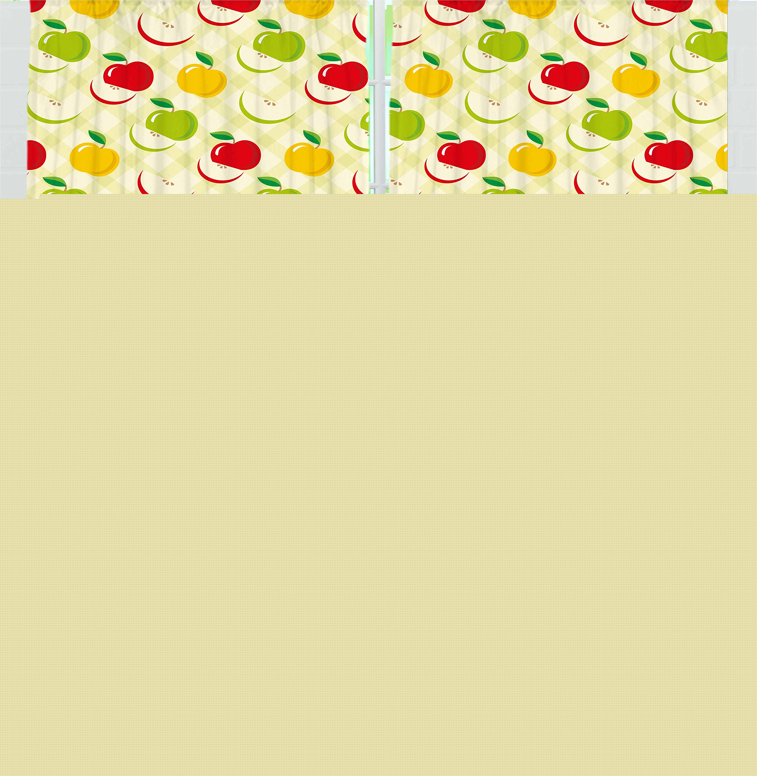Ambesonne Apple Kitchen Curtains - Retro Checkered Pattern with Apples & Slices, 2 Panel Window Drapes for Country Kitchen & Cafe Decor, 55 x 39 Inches, Green Red Yellow - Perfect for Farmhouse, Cottage & Vintage Style Kitchens