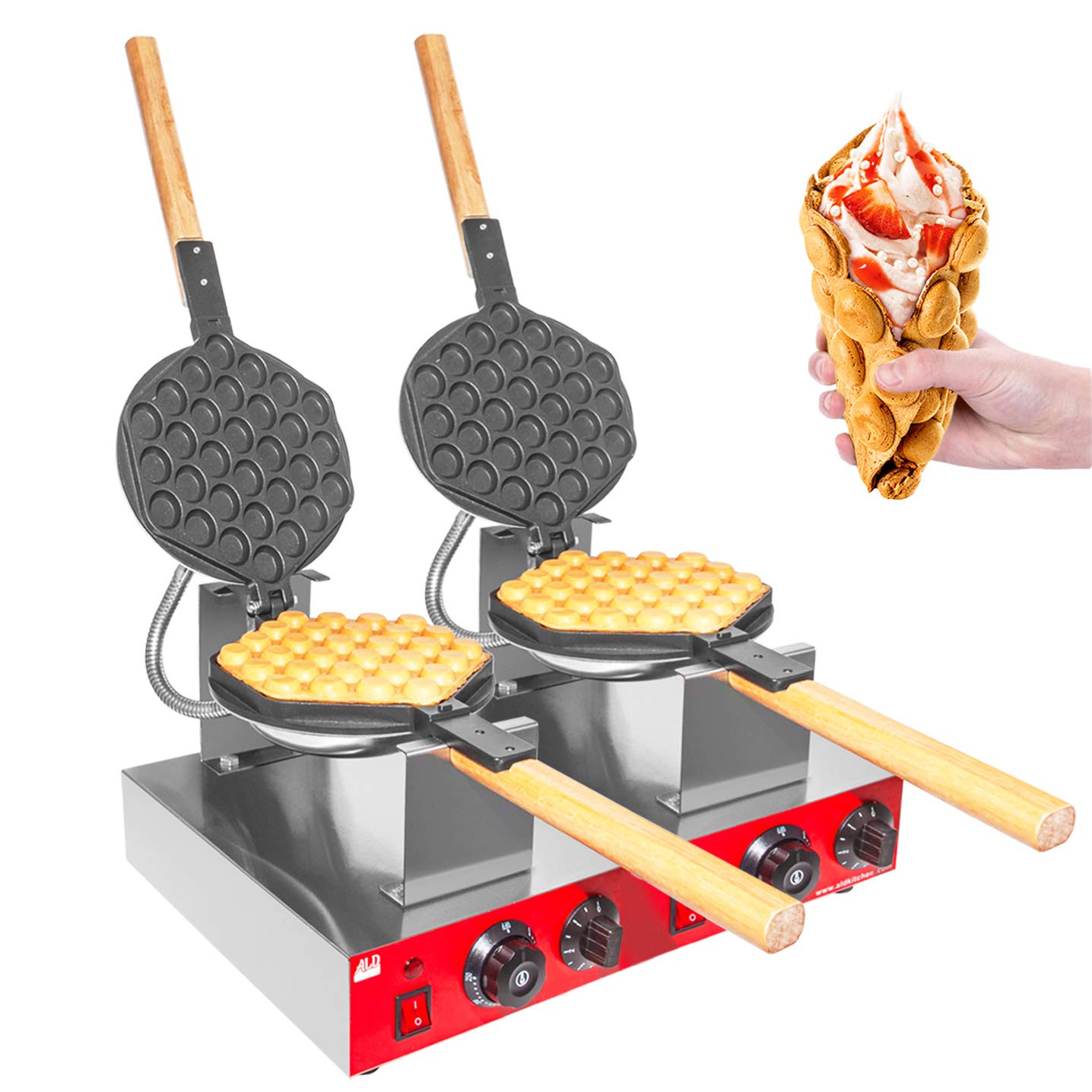 ALDKitchen Bubble Waffle Maker - Stainless Steel Double Egg Waffle Iron with Adjustable Thermostat | Nonstick Coating for Easy Cleaning | Makes 2 Large Hong Kong Style Waffles | 110V 2800W Electric Waffle Maker | Perfect for Breakfast, Brunch, Parties & Cafes