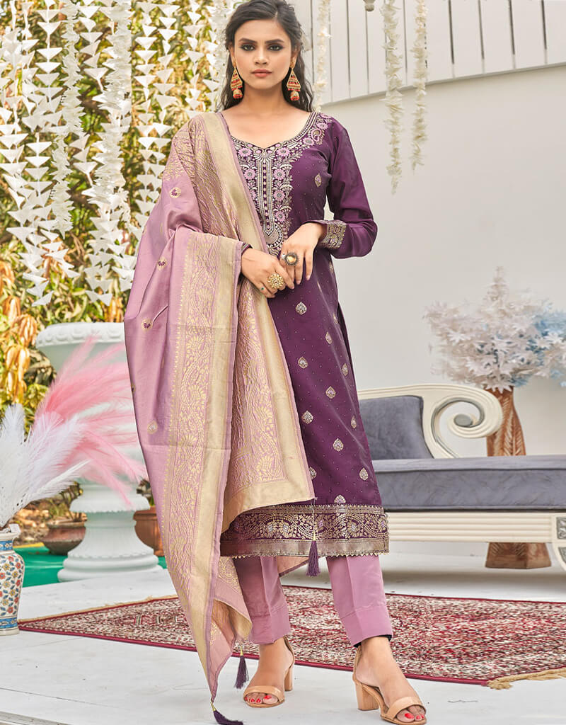 Banarasi Jacquard Wine Salwar Kameez Suit with Pant Bottom - Elegant Indian Ethnic Wear for Weddings & Festivals