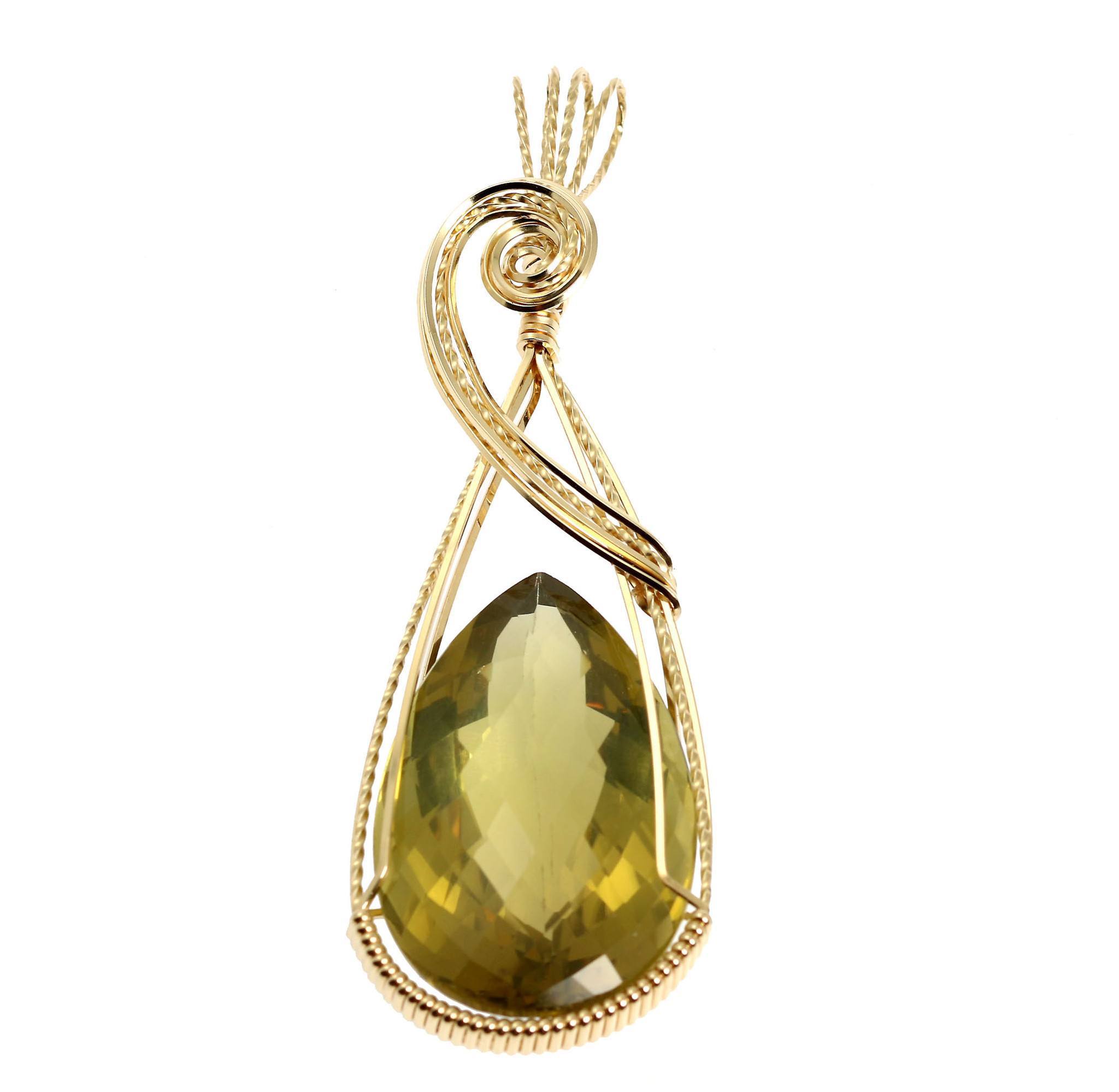 84.5 CT Natural Green Gold Quartz Pendant - 14K Gold Filled Wire Wrapped Jewelry for Women - Perfect for Gift Giving, Meditation & Spiritual Healing