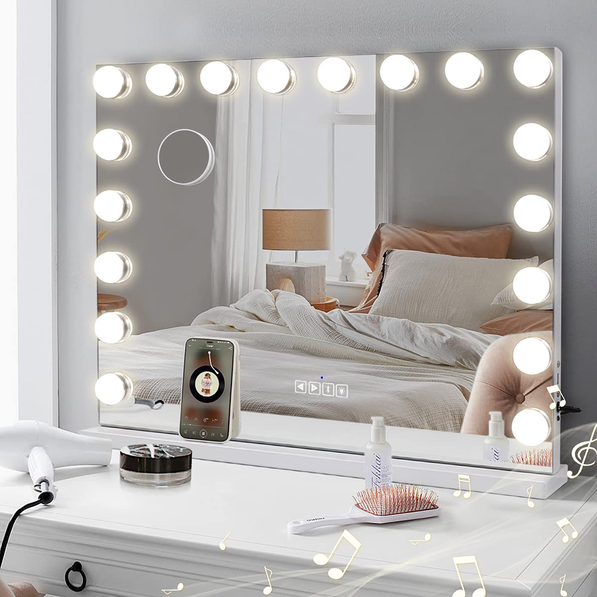 COOLJEEN Hollywood Vanity Mirror with Lights - 18 Dimmable LED Bulbs, Bluetooth Speaker & USB Charging Port - 3 Color Modes for Makeup, Skincare & Dressing Room Lighting
