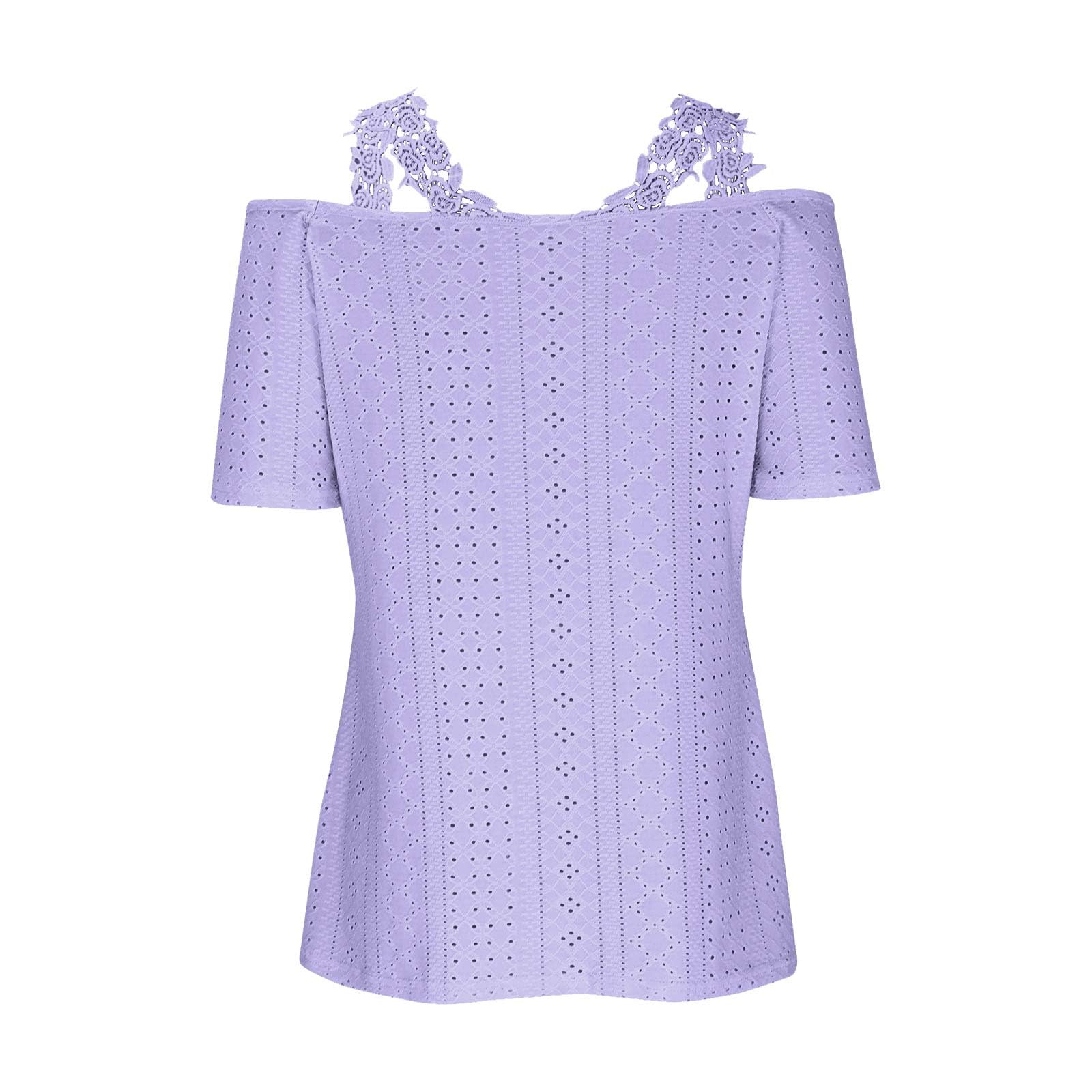 Women's Lace Crochet Off-Shoulder V-Neck Short Sleeve T-Shirt - Summer Tunic Blouse for Casual Outings & Beach Wear