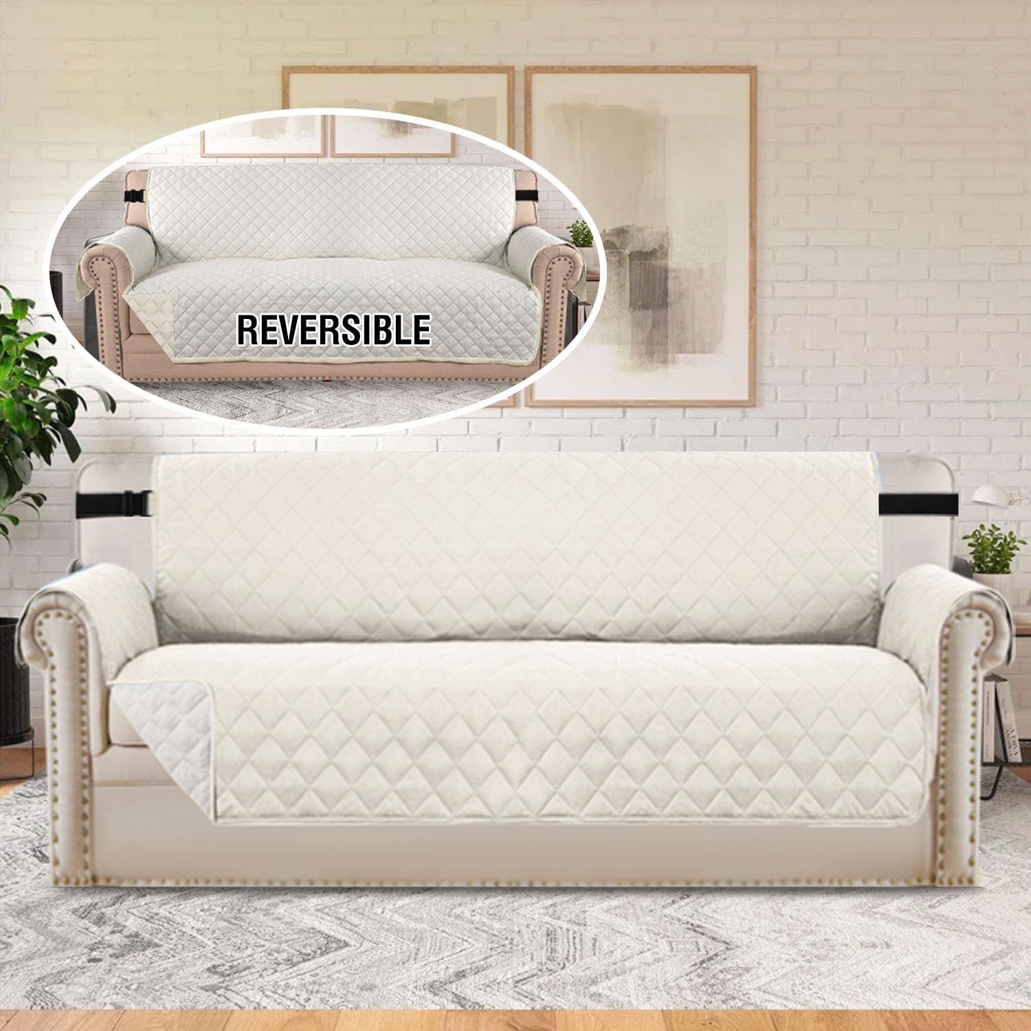 H.VERSAILTEX Reversible Quilted Sofa Cover for 3 Cushion Couch - Water Resistant, Washable Furniture Protector - Fits Oversized Sofas (Ivory/Beige) - Perfect for Living Room, Family Room & Pet-Friendly Homes