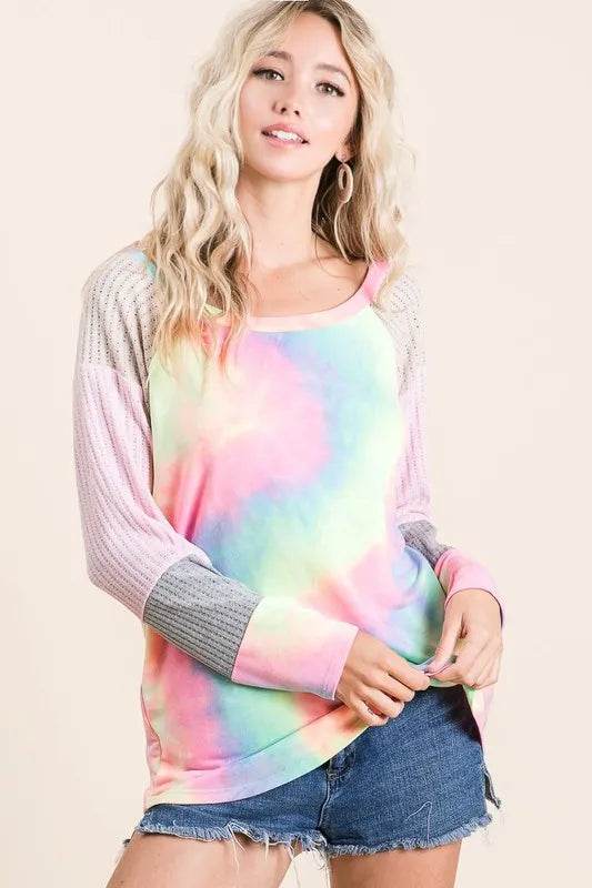 Pastel Tie Dye Bibi Terry Top with Color Block Pointelle Knit - Soft & Stylish Women's Casual Shirt for Summer Outings & Beach Vacations