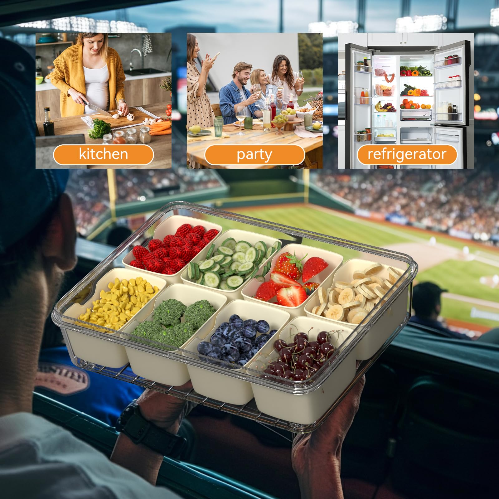 Dimber 2-Pack Divided Serving Tray with Lid & Handle - 16 Compartment Snackle Box for Charcuterie, Salad, Fruits, Nuts & Party Snacks - Perfect for Picnics, Sports Events, Office Lunches & Outdoor Gatherings (BPA-Free Plastic)