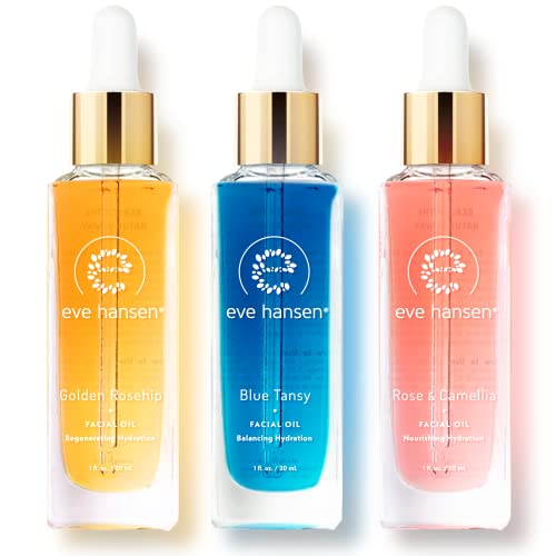 **Hydrating Face Oil Gift Set for Women - Rose, Camellia & Blue Tansy Facial Oil with Vitamin E & Rosehip | Glow Serum for Dry Skin | Gua Sha Massage & Night Routine (3 x 1 oz)**